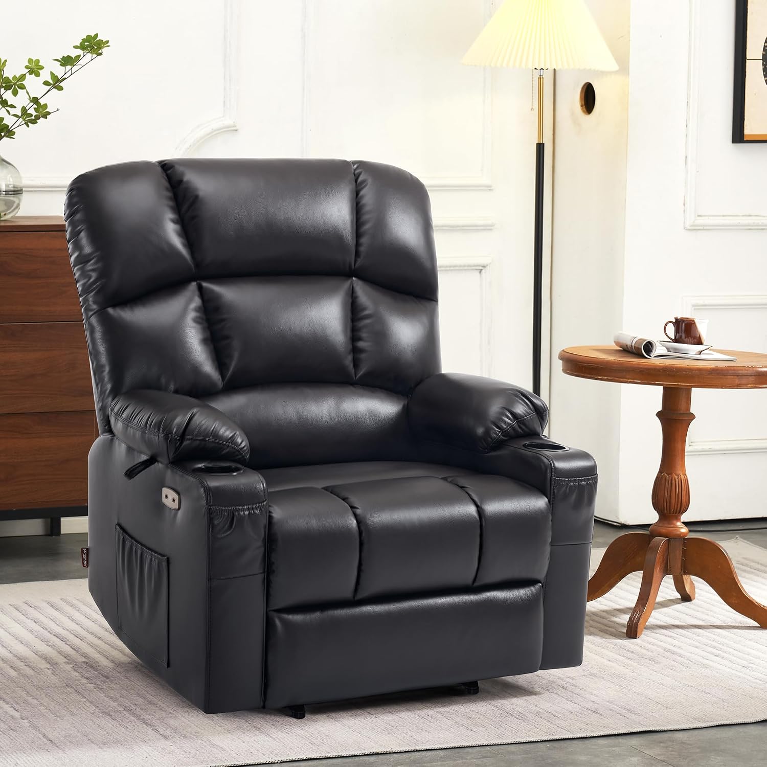 MCombo Oversized Dual Motor Power Lift Recliner Chair Sofa with Massage and Heat for Big Elderly People, Infinite Position, USB Ports, Faux Leather R7688 (Black, Large-Oversize)