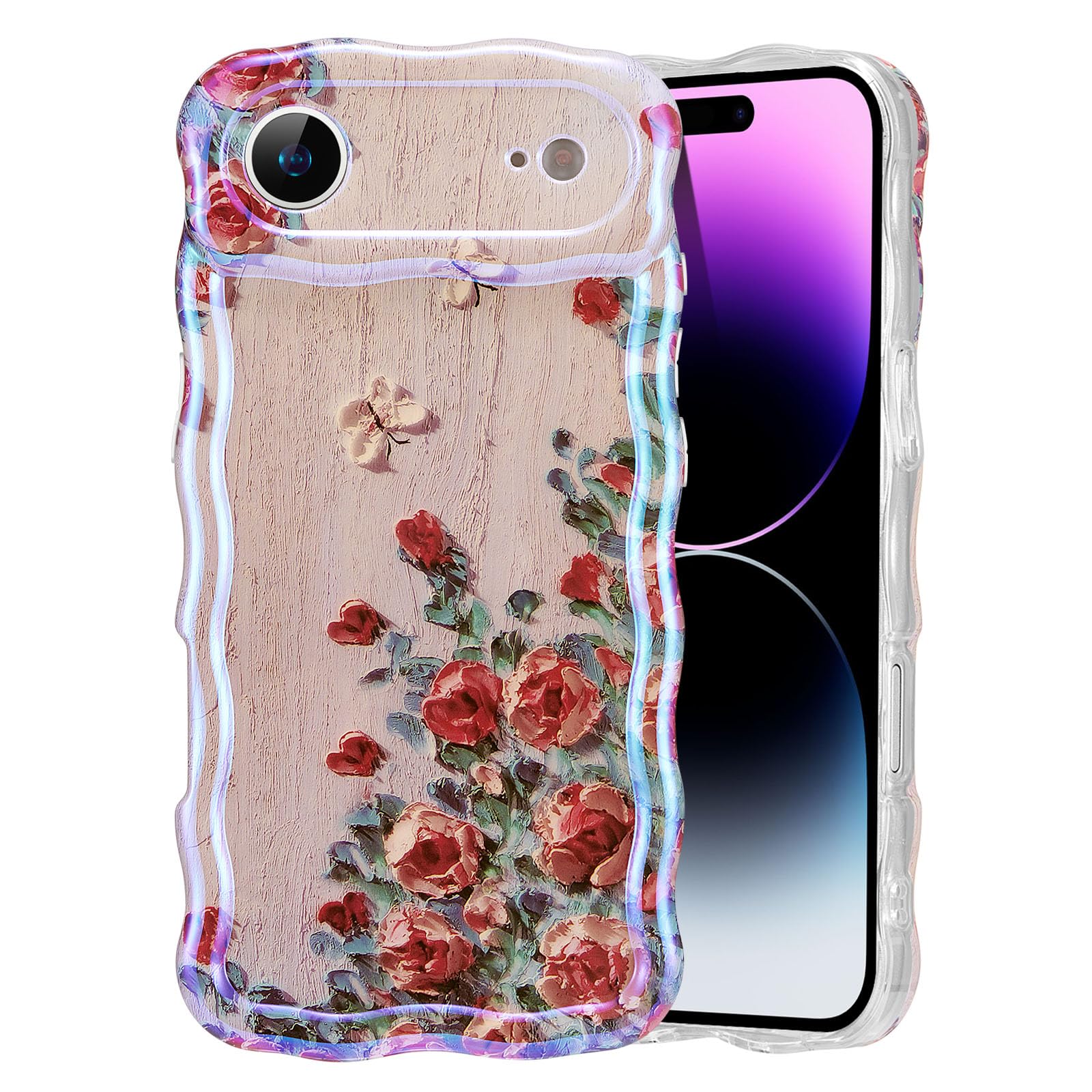 EYZUTAK Case for iPhone 15, Colorful Retro Oil Painting Flower Laser Beam Glossy Pattern Cute Curly Waves Border Exquisite Phone Cover Stylish Durable Soft TPU Protective Case for Girls Women - Green — view 73
