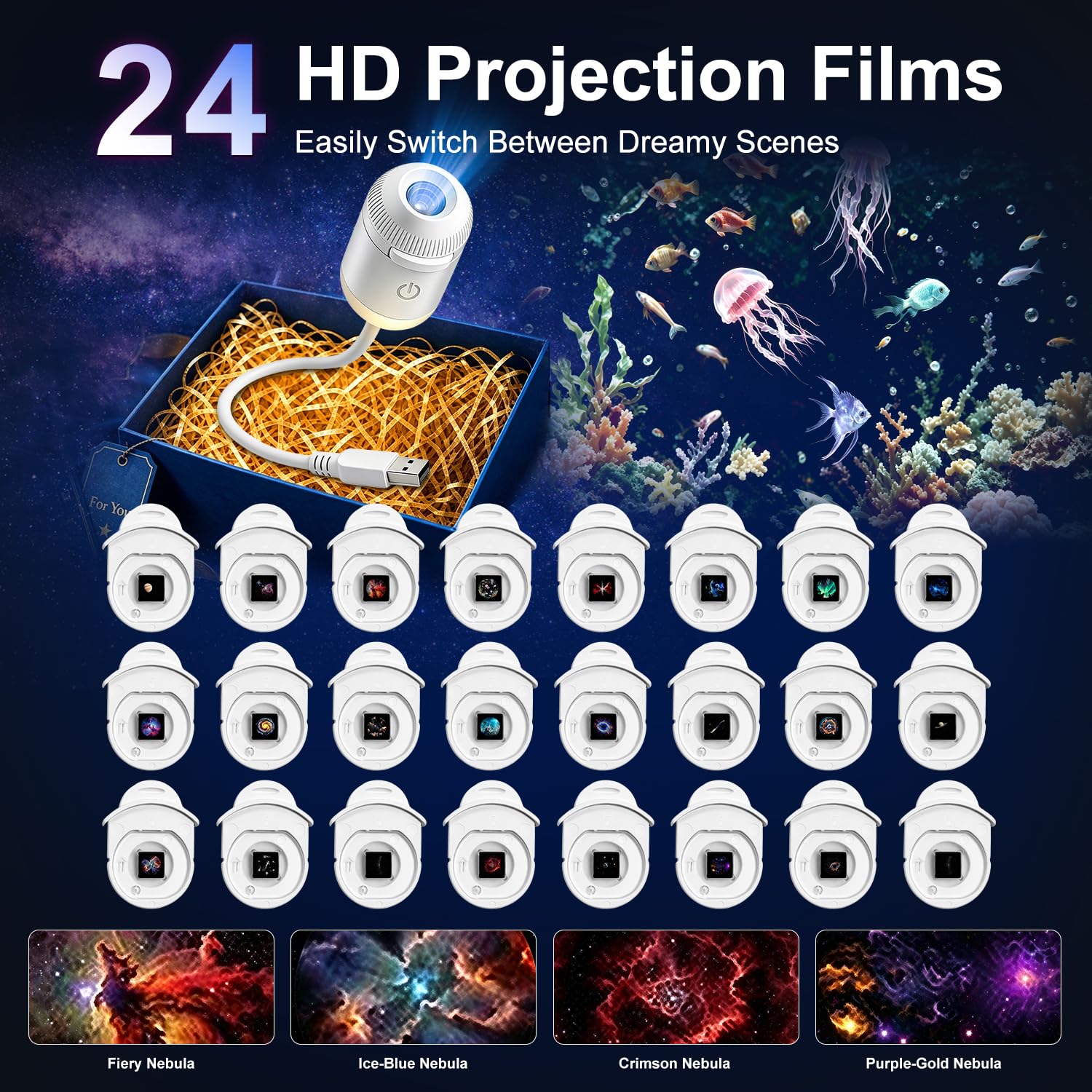 Veilleuse projecteur galaxie 2 en 1 USB pour chambre d'enfant | Luminosité réglable, décoration murale de voiture et de chambre – 24 films
