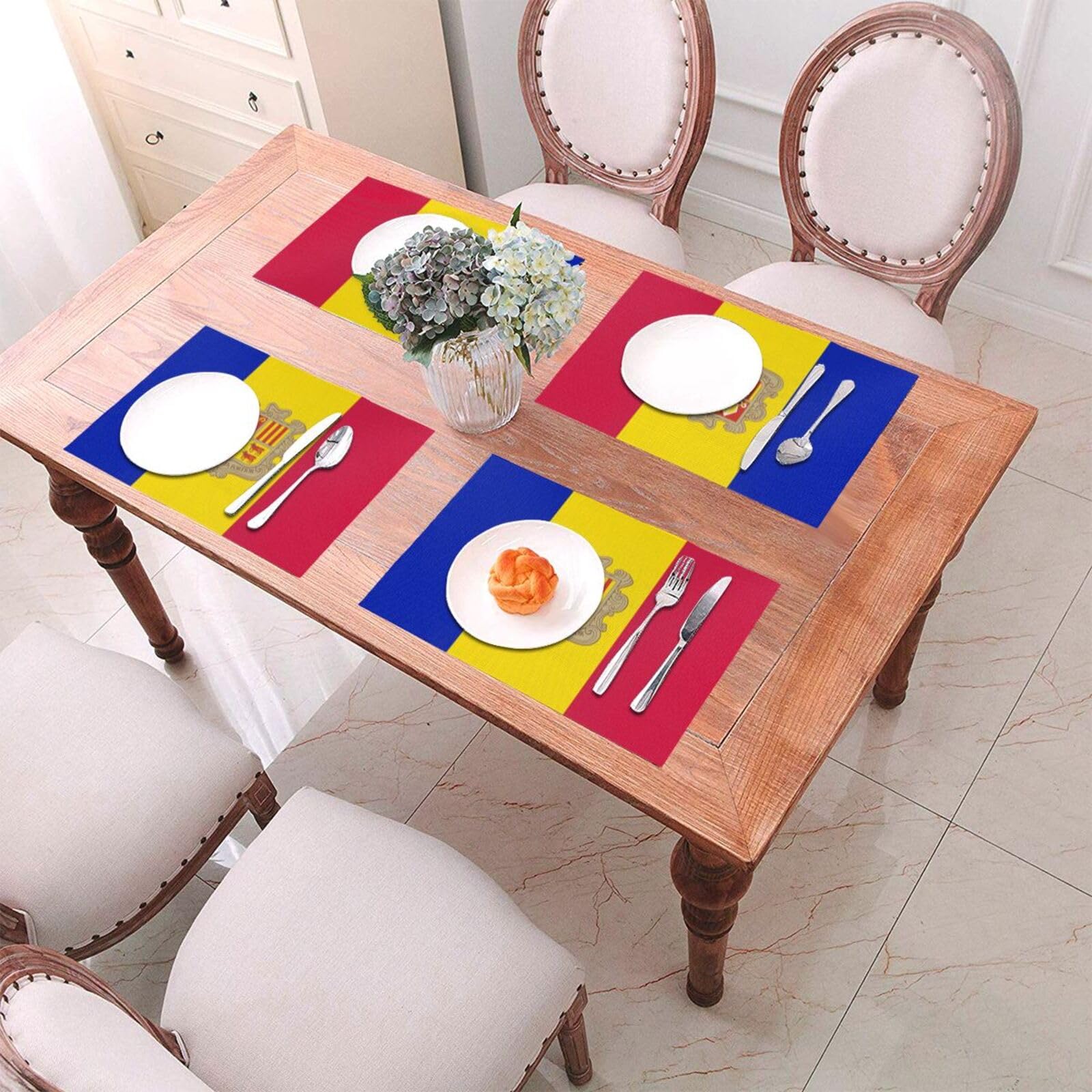 Juego De 10 Manteles Individuales De PVC Lavables Resistentes Al Calor Y Antideslizantes con Estampado De La Bandera De Andorra para Cocina Comedor Y Restaurante (45X30Cm)
