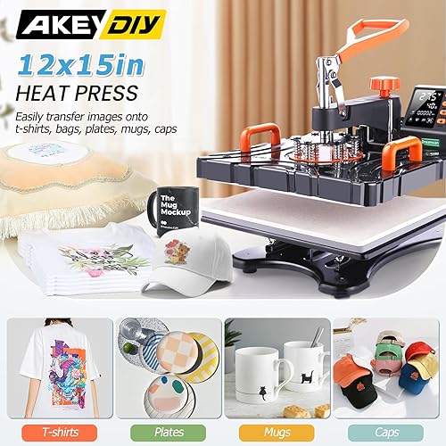 Miniatura 2 de AKEYDIY Prensa de calor 8 en 1, máquina de prensa de calor de 12 x 15 pulgadas para camisetas, máquina de impresión de camisetas de sublimación de