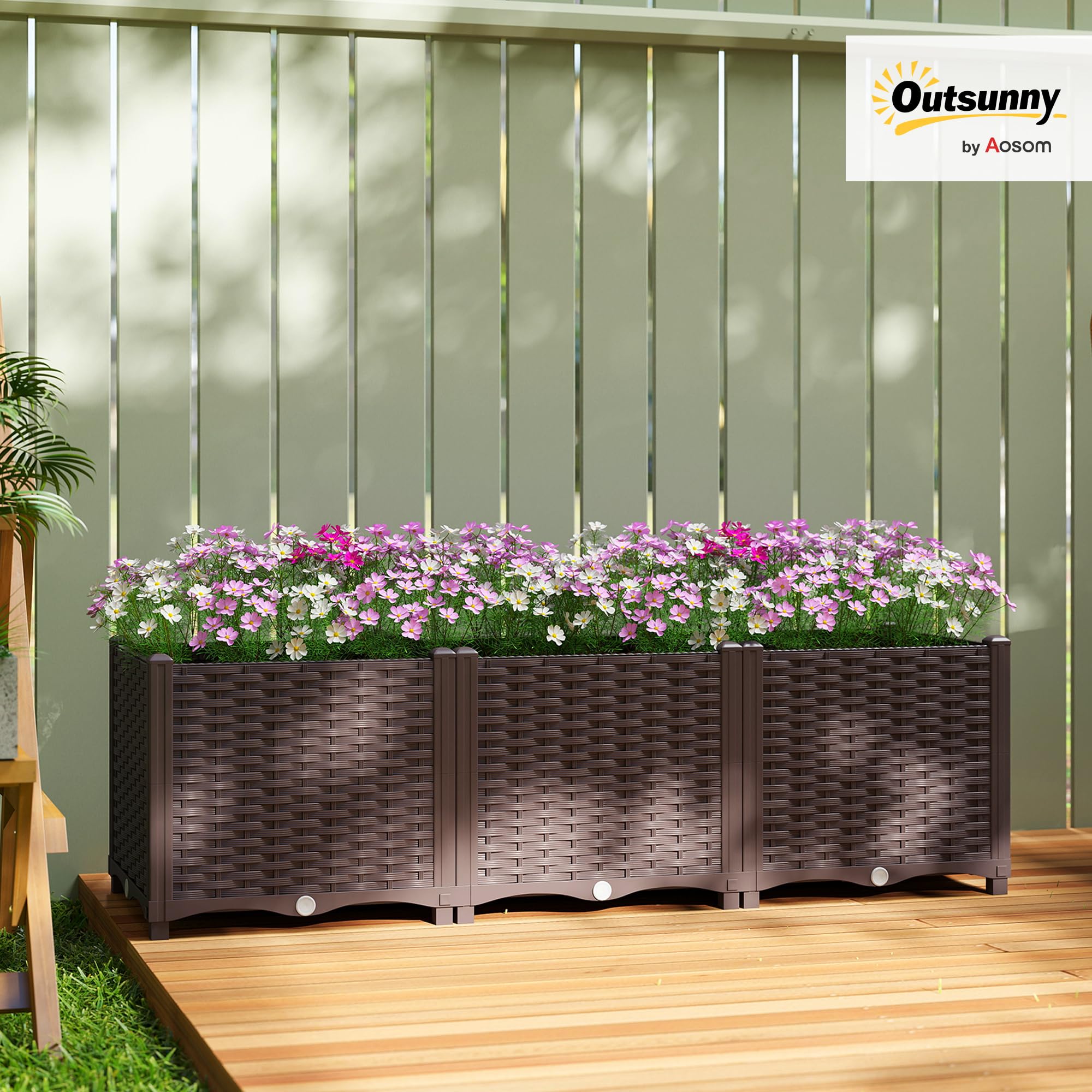Outsunny Jardinière surélevée, lit de Jardin en Plastique, jardinières Auto-irrigantes avec Trous de Drainage et Bouchons, Montage Facile pour légumes, Fleurs, Herbes, 120 x 40 x 37 cm, Marron