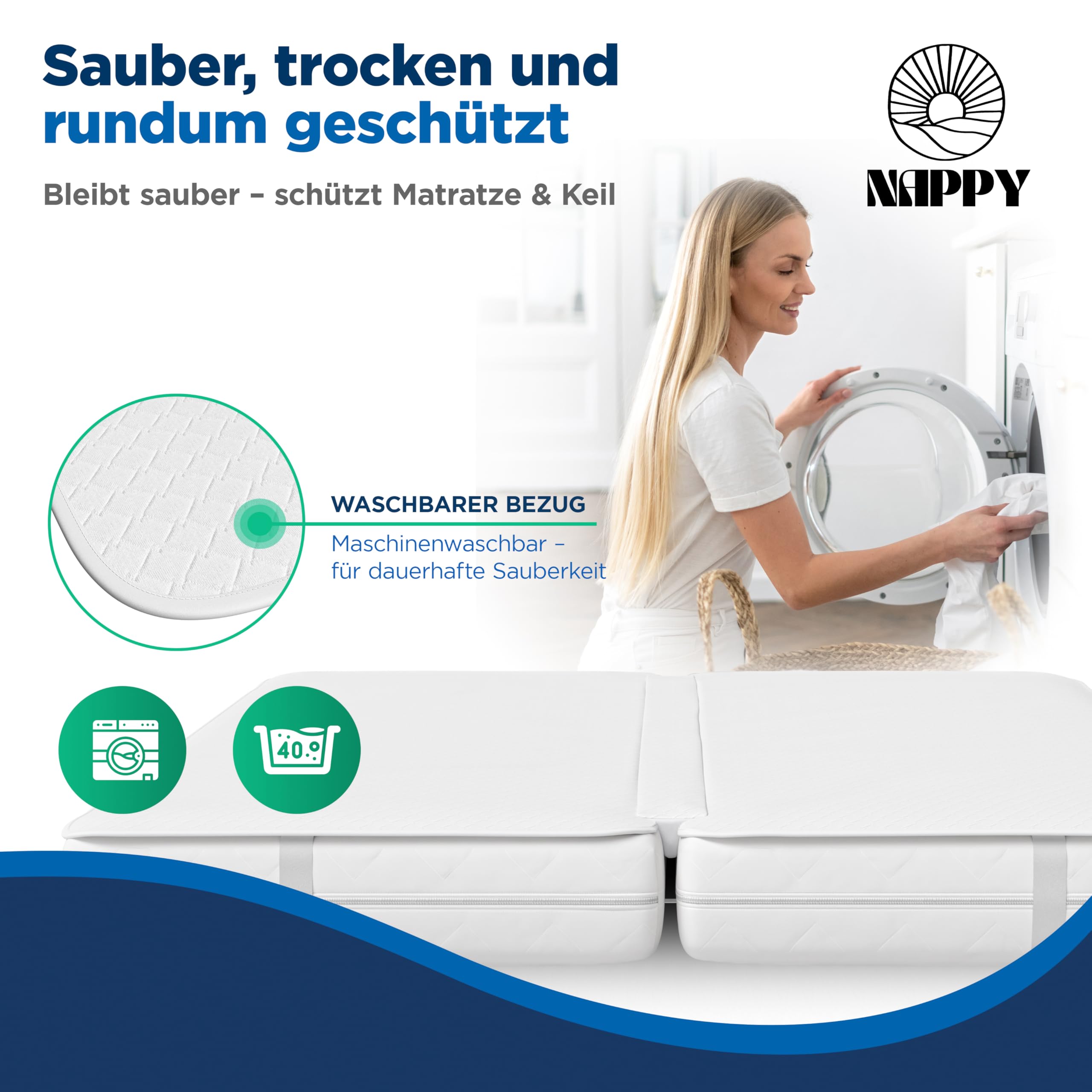 NAPPY Liebesbrücke 180x200cm waschbar | Matratzenkeil mit Matratzenverbinder wasserdicht für Paare und Eltern | Ritzenfüller für Matratzen gegen Verrutschen | Kombination mit Bettkeil (180cm x 200cm)