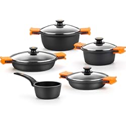 Bateria De Cocina Eco BRA Efficient - Batería 5 Piezas Aluminio Fundido Antiadherente, apta todo tipo de Cocinas e Inducción (contiene 4 cacerolas y 1 cazo + 4 tapas)