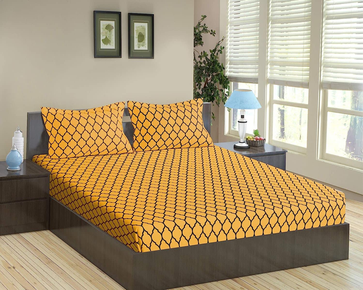 Queen Size Cotton Bedsheet Set - Warm Grey Mustard -9