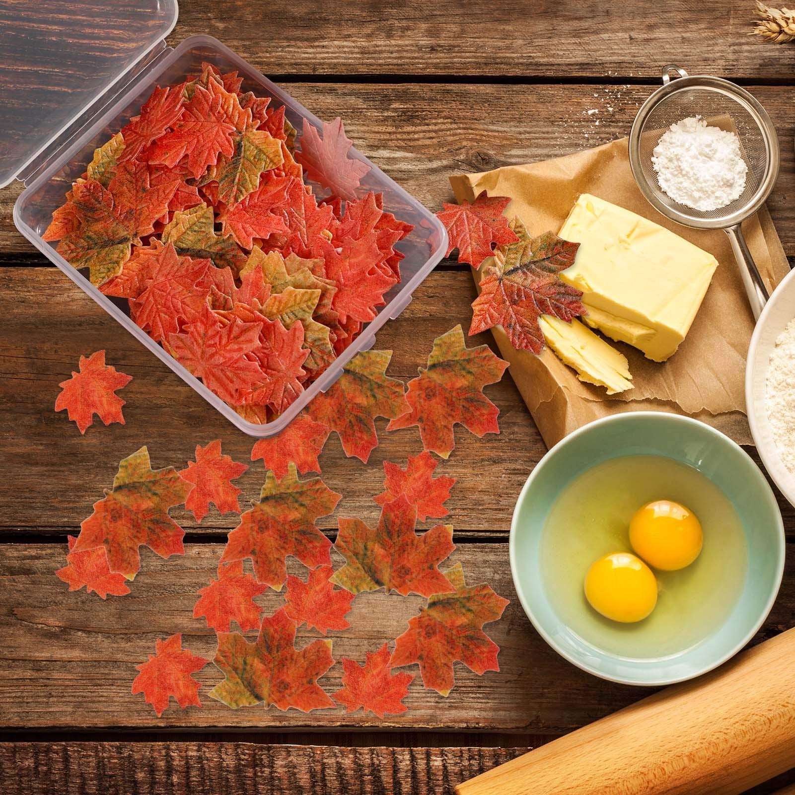 SUSSURRO 100 Pieces Edible Fall Leaves Gold Leaf Cupcake Toppers maple