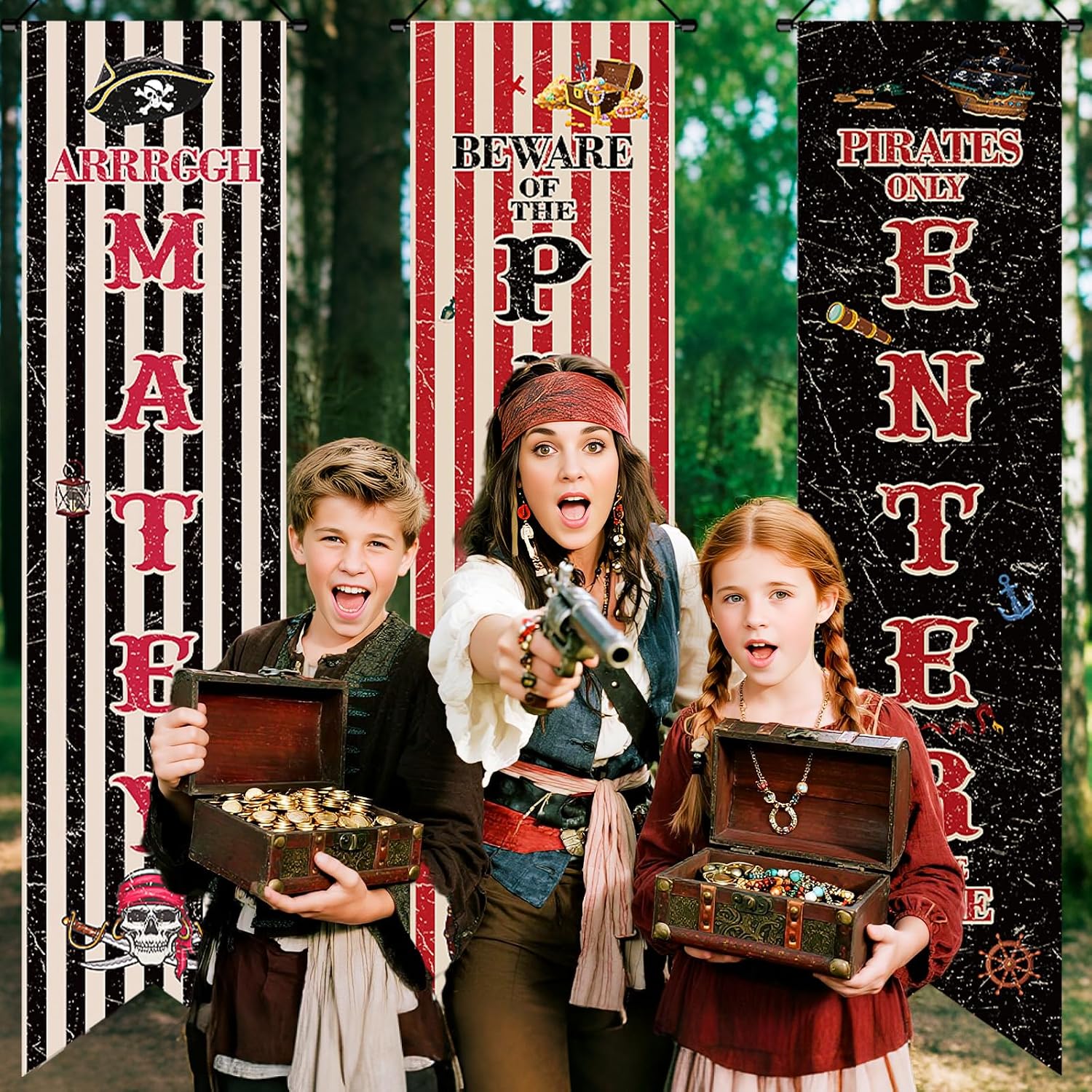 3 Pcs Pirate Party Banner Decorations, Nautical Treasure Map Porch Sign for Home Wall Decor, Pirate Theme Photography Backdrop Photo Prop for Adults and Family Party Supplies