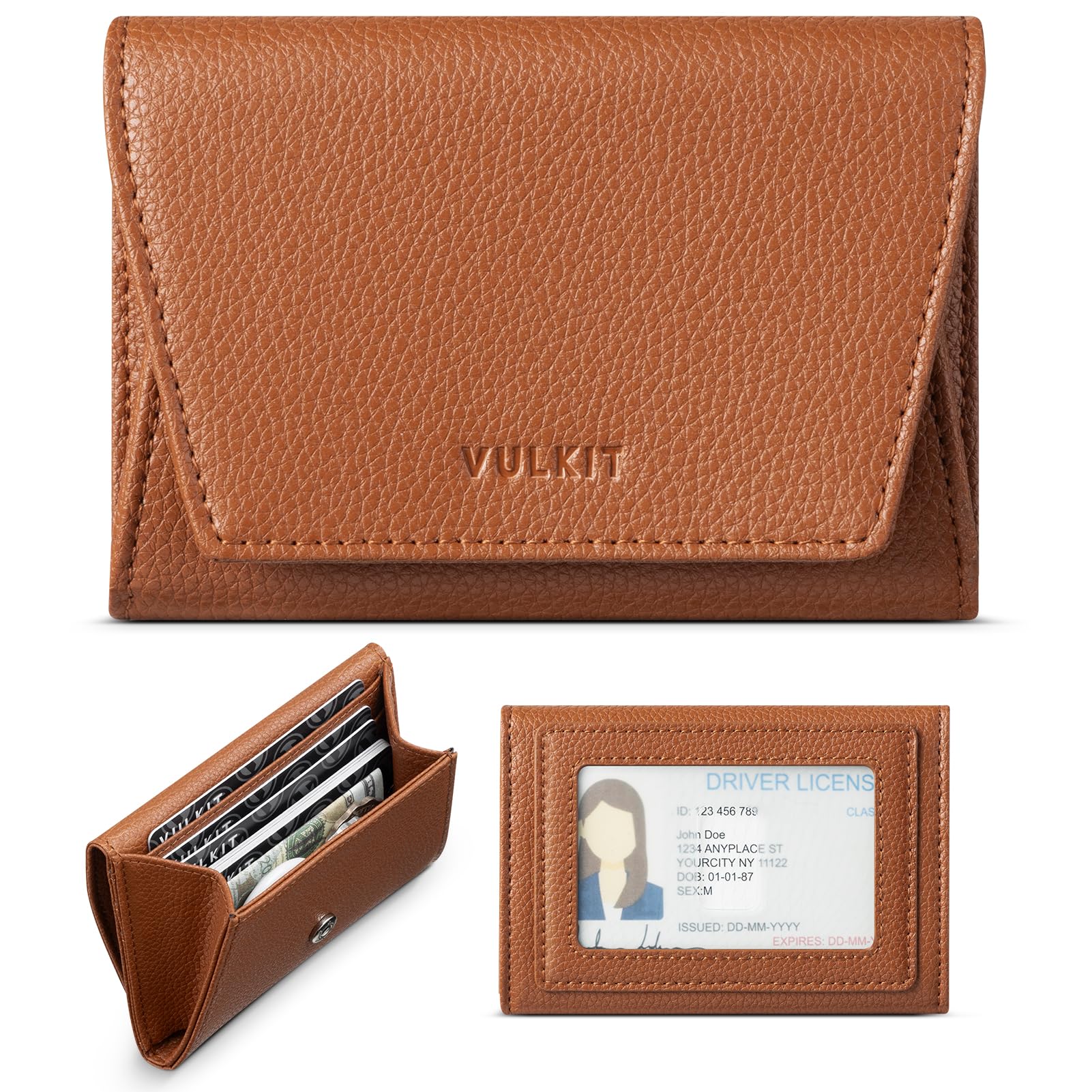 VULKIT Kreditkartenetui für Damen mit klarem Sichtfenster auf der Rückseite, RFID-Blockierung, eine große Tasche für Bargeld, Münzen und Karten, Kastanienbraun