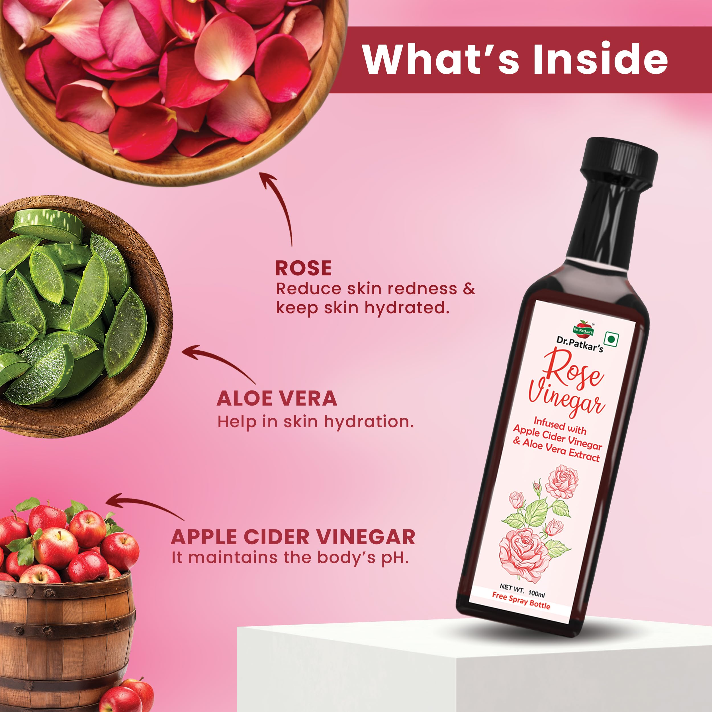 Dr. Patkar's Rose Vinegar with Apple Cider Vinegar & Aloe Vera | Natural Skin Toner | Hydrating, Cooling & Anti-Acne Formula | For Glowing Skin, Hair, & Immunity | With the Mother 100ml 4