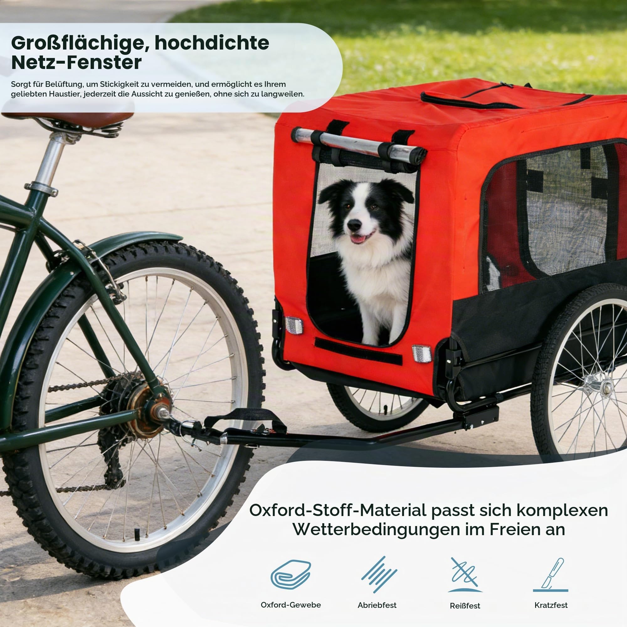 soges Großes Fahrradanhänger für Hunde bis 40 kg Faltbarer Hundefahrrad Anhänger aus 600D Oxford, Atmungsaktiver Mesh Hundefahrradanhänger, Hundewagen mit interner Leine, Sicherheitsreflektoren Rot