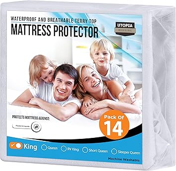 Utopia Bedding Waterproof Mattress Protector King Size (Pack of 14), Premium Terry Mattress Cover 200 GSM, Breathable, Fitted Style with Stretchable Pockets (White)