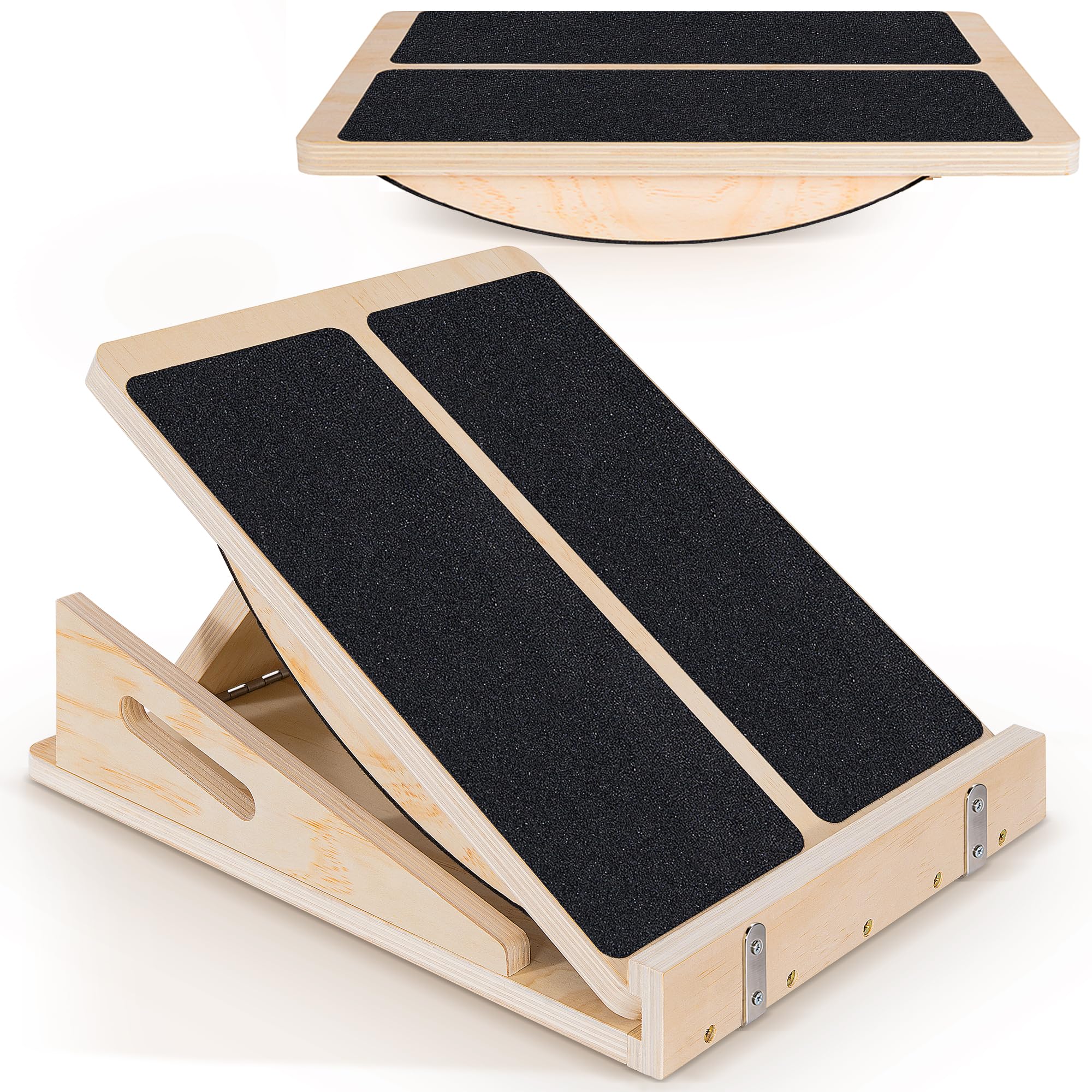 Planche Inclinée en Bois et Plateau d'Équilibre Professionnel 2 en 1, Planche d'Etirement Antidérapante à Angle Réglable pour les Jambes, les Genoux et les Chevilles