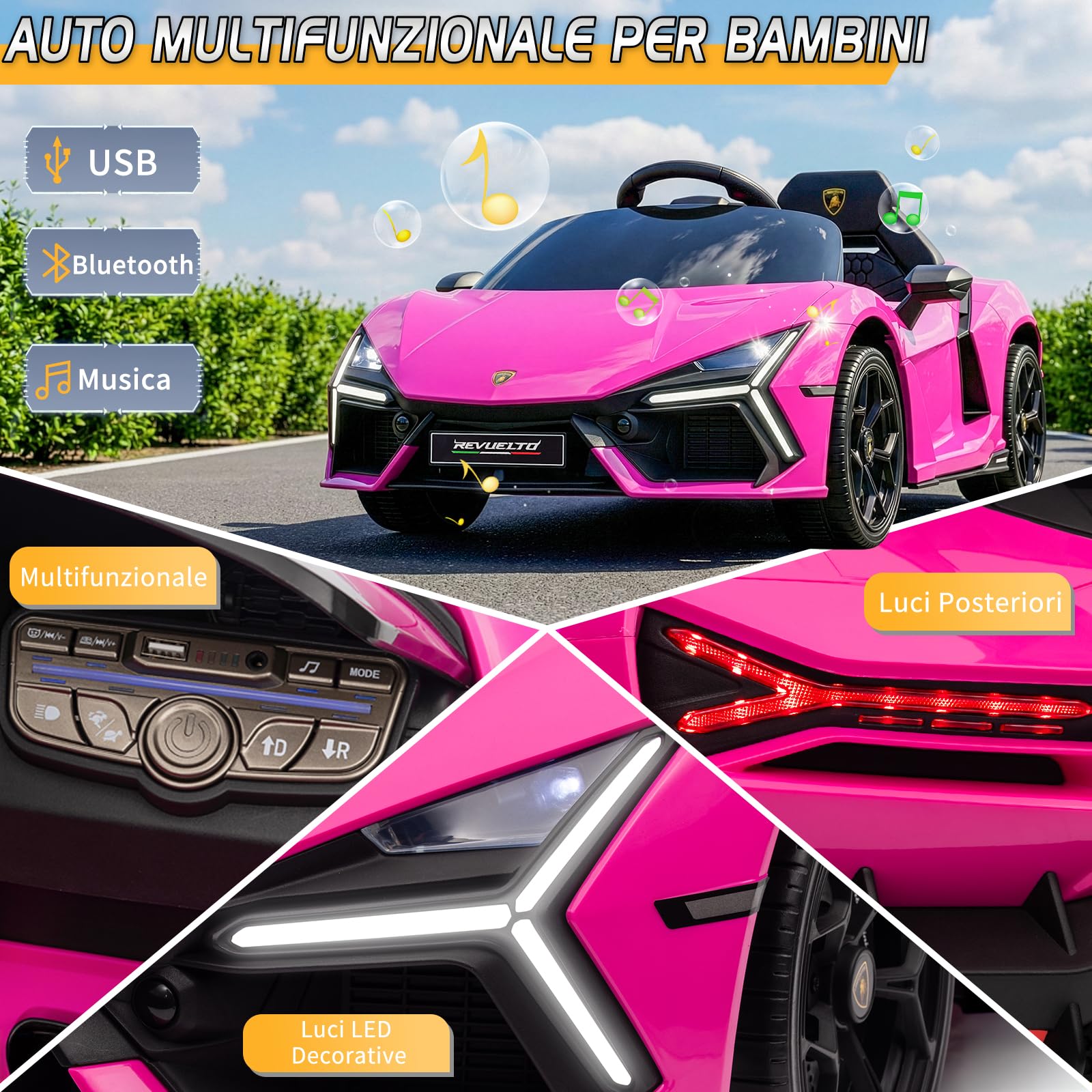 LALAHO Auto elettrica per bambini LAMBORGHINI REVUELTO 12 V (Rosa) | Doppi Motori, Telecomando 2.4 GHz, MP3, Sospensioni, Auto Elettrica per Bambini 3-5 Ann