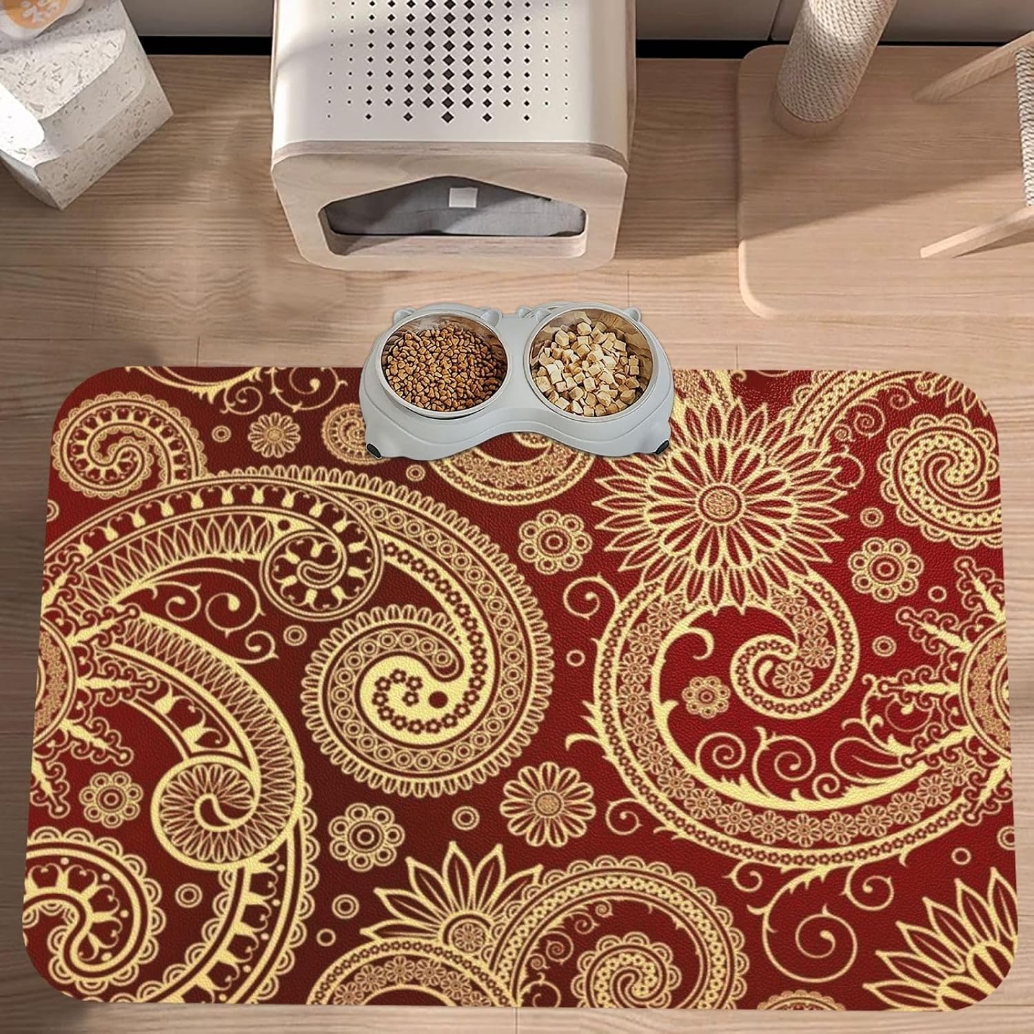 Red Polka Dot Bohemian Paisley Pet Feeding Mat-Absorbent Quick Dry Pet Cat Dog Food Mat Non Slip Waterproof Rubber Dish Placemat