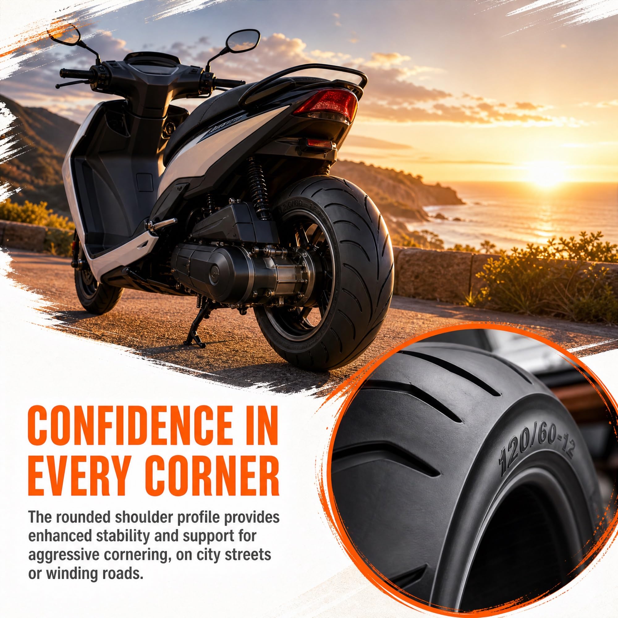 120/60-12 Pneumatico per Scooter Tubeless, Gomma da Moto 120/60/12, Ruota di Ricambio 4PR 47J 300kPa per Cerchio da 12 Pollici, Battistrada Stradale Urbano