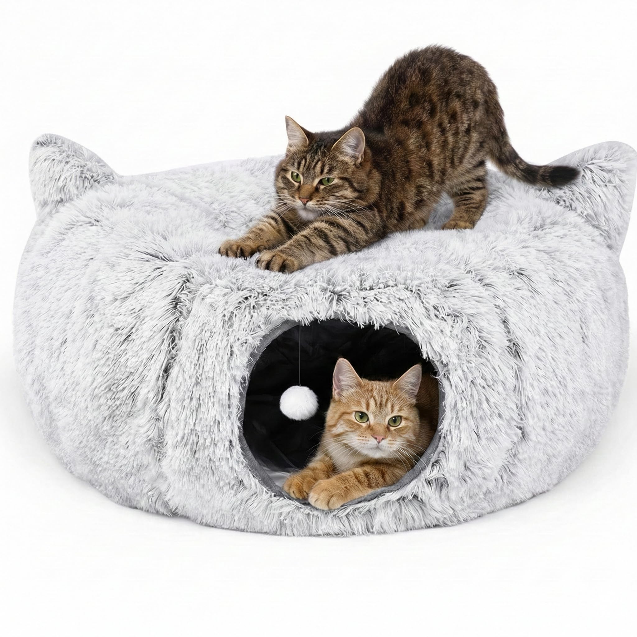 Cueva de cama para gatos con juguetes de hierba gatera, escondite para gatos Peekaboo y túnel de dona para gatos, túneles 3 en 1 para gatos de interior, cama plegable para gatos, lavable de