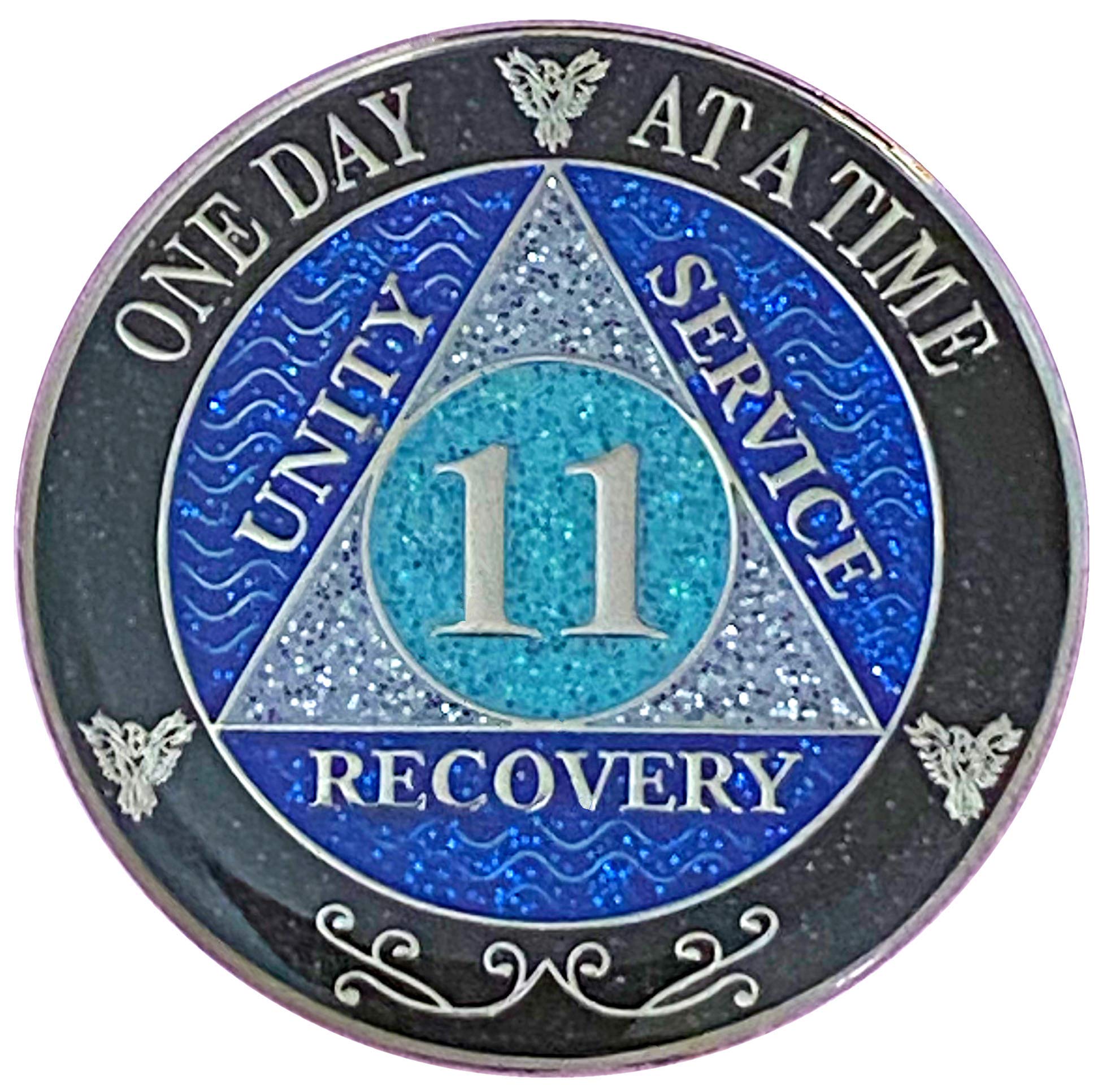 (Years 1-50) 11 Year AA Recovery Silver Color Plated Glitter Medallion, Black Rainbow, Blue, Silver Glitter Coin, Epoxy Covered (AA 11 Year Glitter