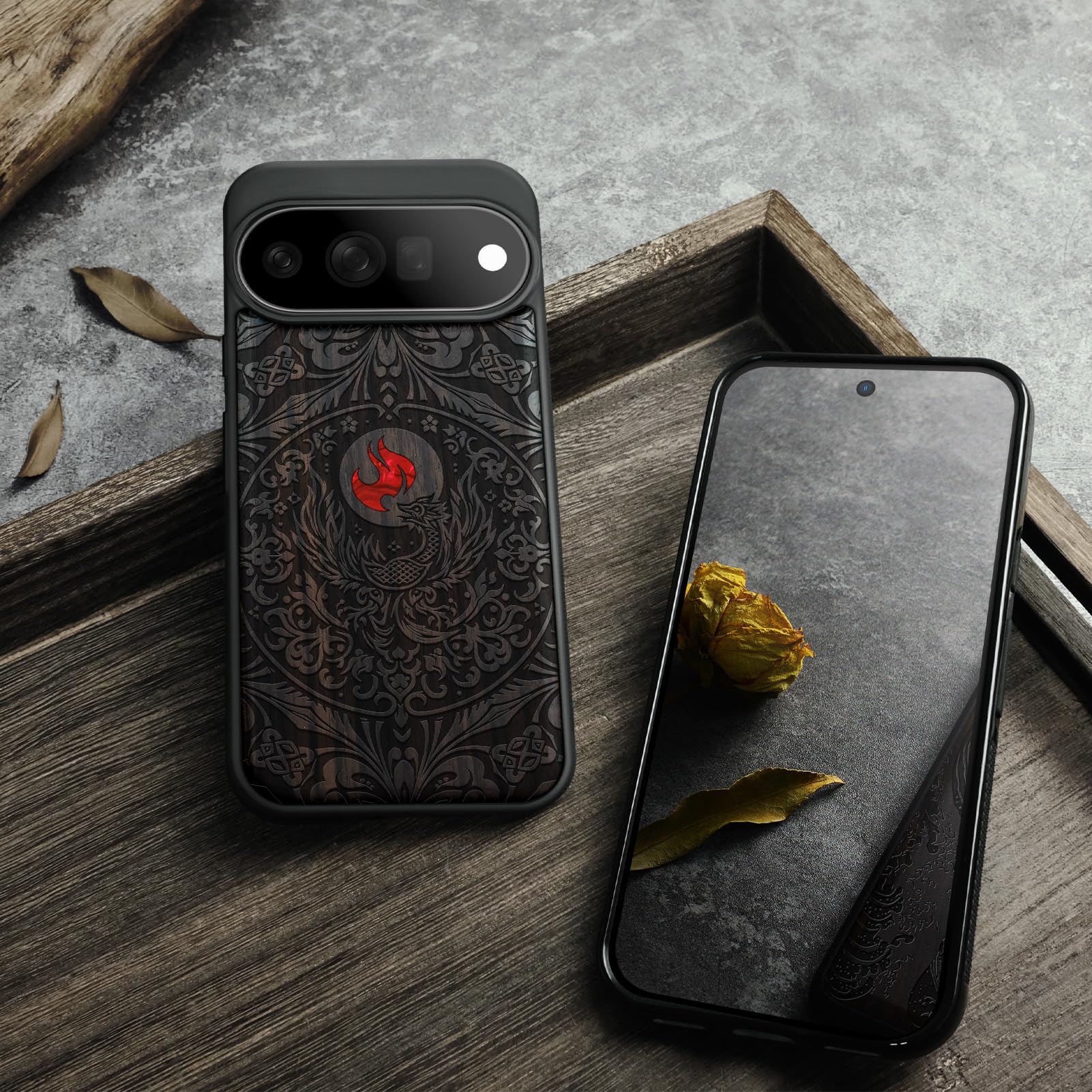 Carveit Madera Funda para Pixel 11 Pro XL (Oscura-Phoenix en simetría) | Compatible con MagSafe [Grabado en madera e incrustación de mejillones] Magnética Cover para Google Pixel 11 Pro XL Carcasa