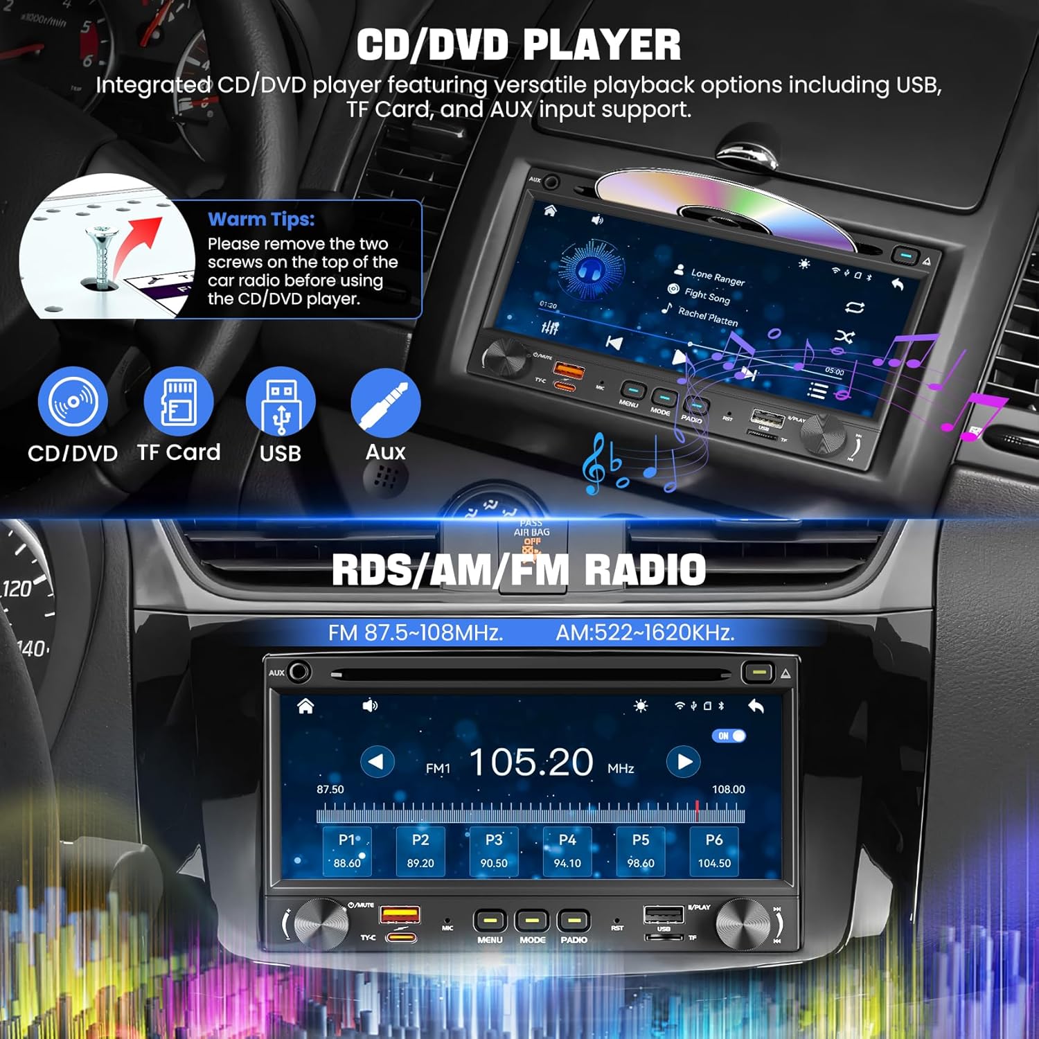 Double Din Car Stereo CD DVD Player with Wireless Carplay&Android Auto, 7 inch Car Radio 4.2-Channel Audio Output Bluetooth & Voice Control, Mirror Link, Backup Camera, AM/FM Radio Type-A/C Subwoofer