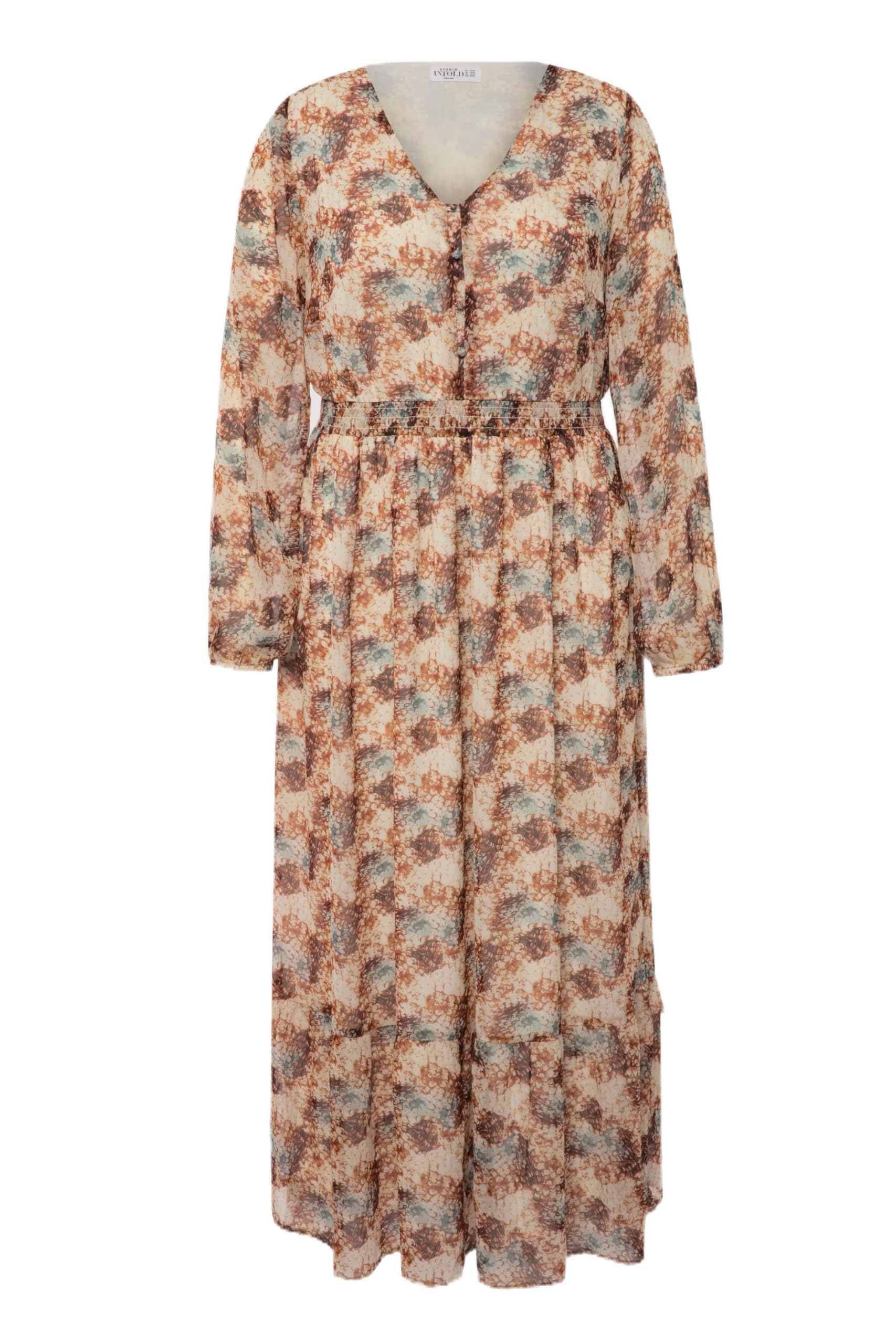 Studio Untold Damen große Größen Übergrößen Plus Size Maxikleid, A-Line, Schuppen Print, V-Ausschnitt, elastische Taille, Langarm 824975