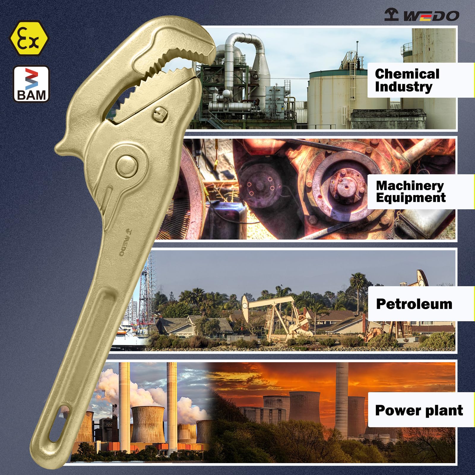 WEDO Llave universal sin chispas, llave de tubo multifuncional de seguridad sin chispas, bronce de aluminio, estándar DIN, certificado BAM y FM, 10 pulgadas, 250 mm