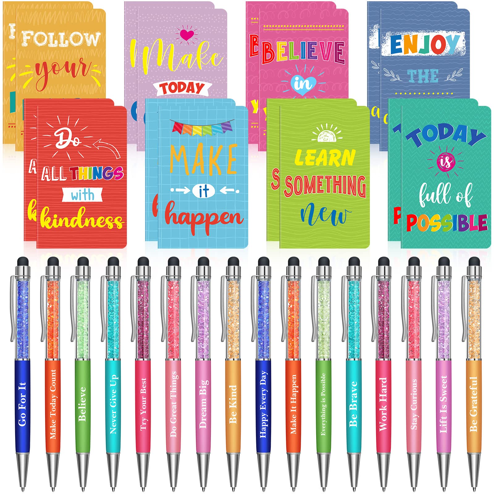 Funrous 32 Pcs Motivational Quote Pens Inspirational Notepads Mini Journal with Ballpoint Pen Small Notebooks Gift Set for Men Women Coworkers, Adult