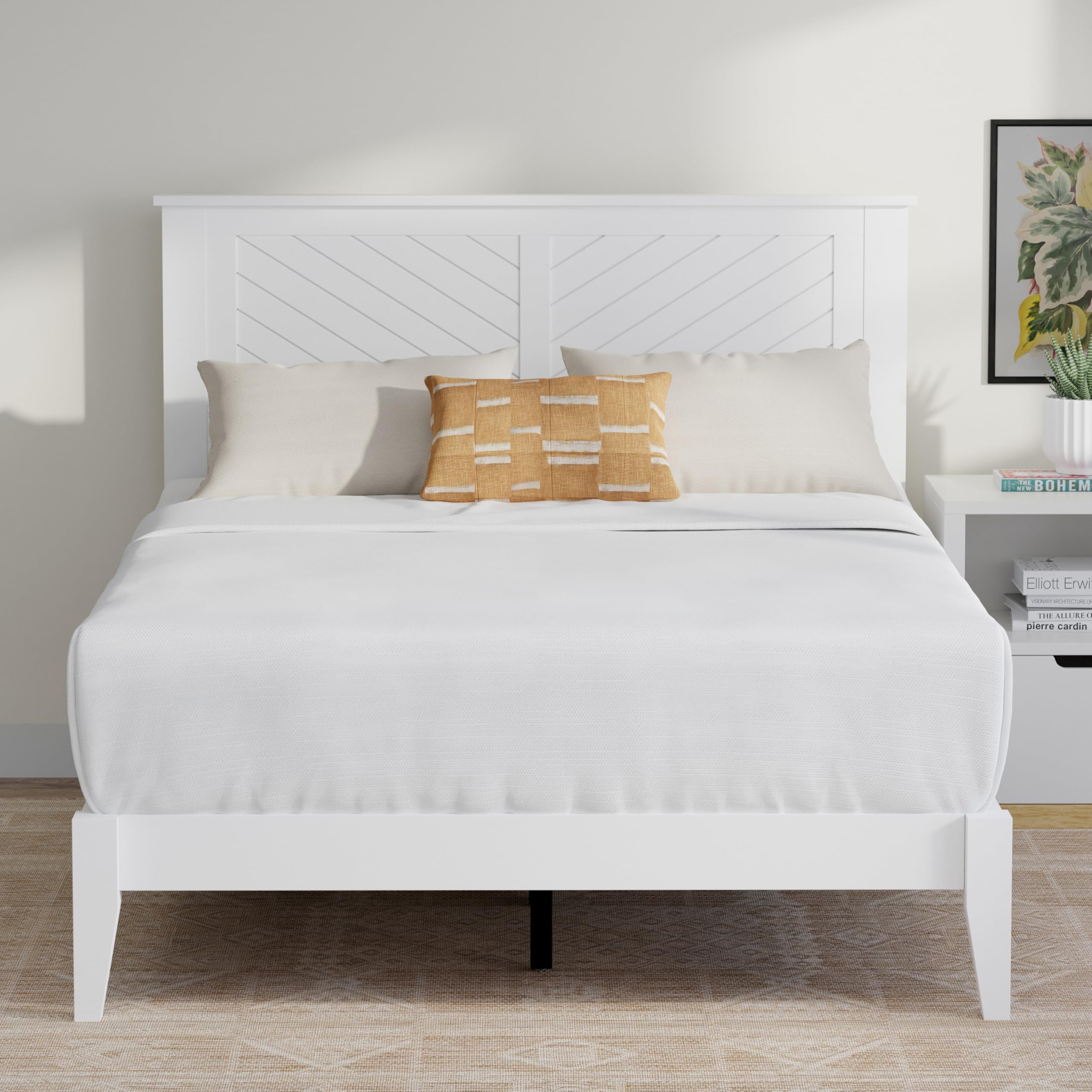 ComfIQ Solid Wood Platform Bed with Wooden Slats – Durable Frame, No Box Spring Required, Ample Underbed Storage, White, Full, Bed and Chevron