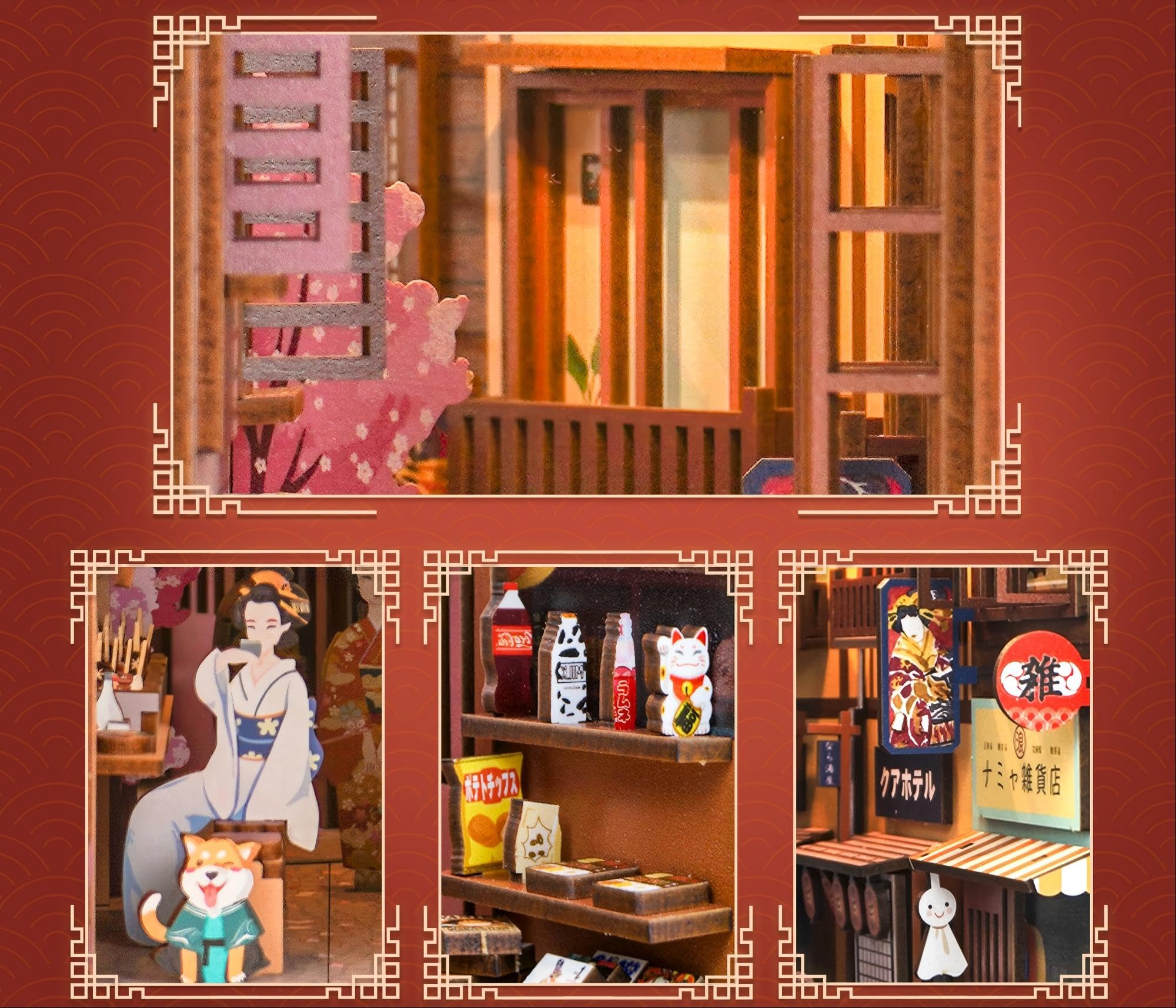 Tonecheer DIY Book Nook Japon, Modèle 3D en Bois pour Adultes pour Construire Une Miniature de Maison, Kit de Nook de Maison avec Lumière, Cadeau pour Femmes et Hommes (L'Épicerie Japonaise)