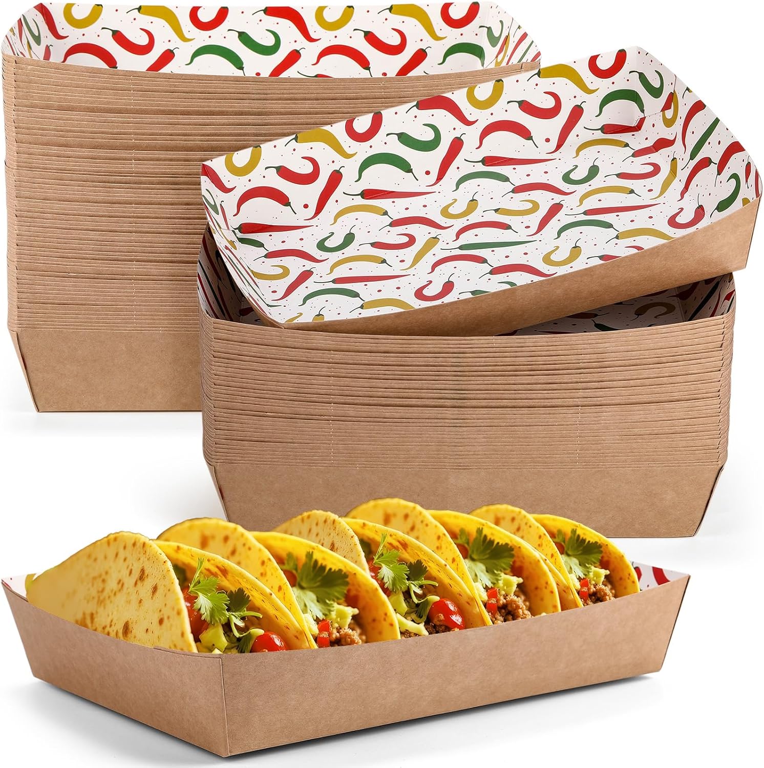 60 Pcs Disposable Mexican Chili Pepper Paper Food Trays 10.2 x 7.1 x 2 Inch 5 lb Heavy Duty Kraft Paper Food Serving Boats for Fiesta Cinco De Mayo Party Chili Pepper 60