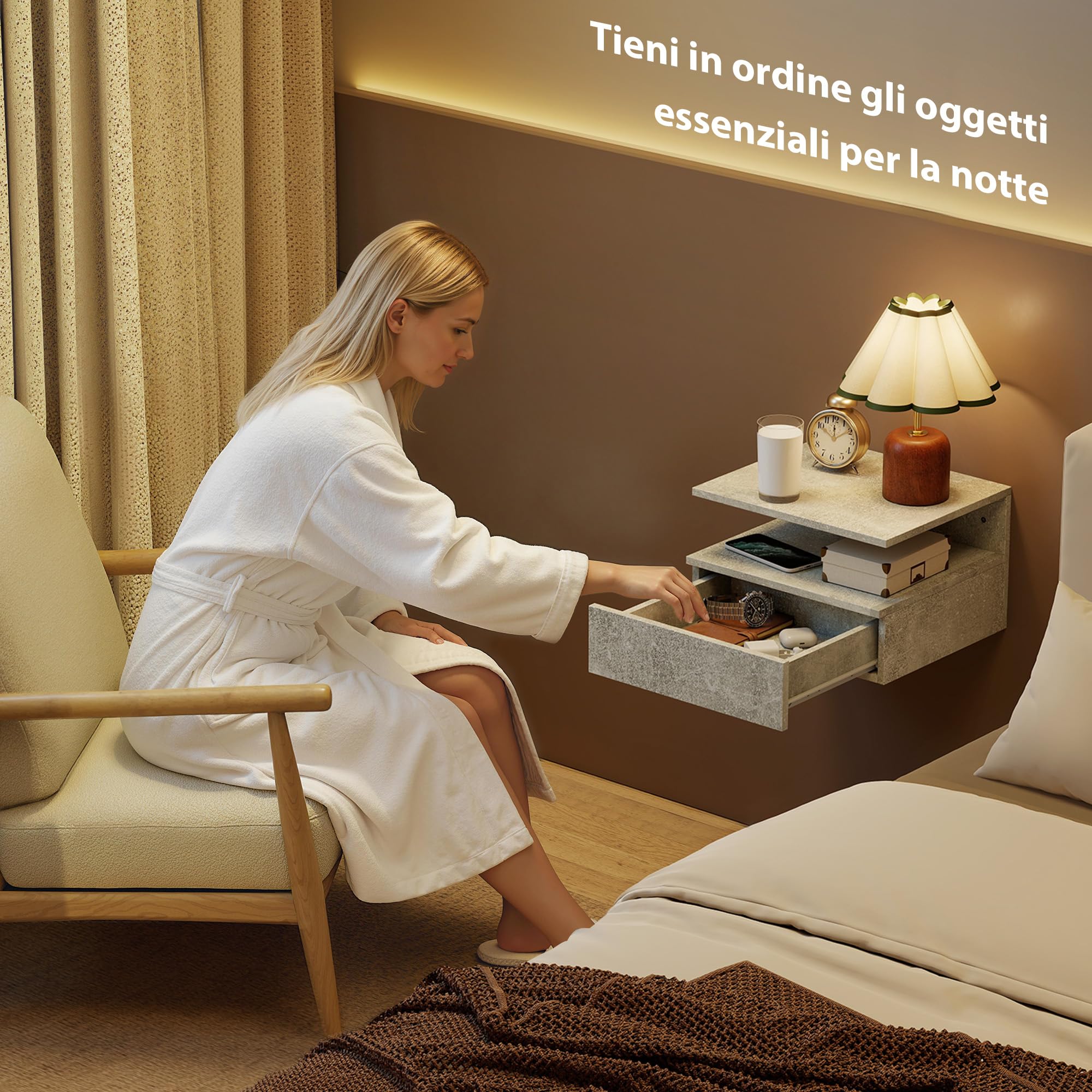 HOMCOM Set di 2 Comodini Camera da Letto Sospesi con Cassetto e Scomparto Aperto, Coppia di Comodini Moderno in Legno, Tavolini per Divano, Soggiorno, Salotto e Camera, 35x32x22.5 cm, Grigio Cemento