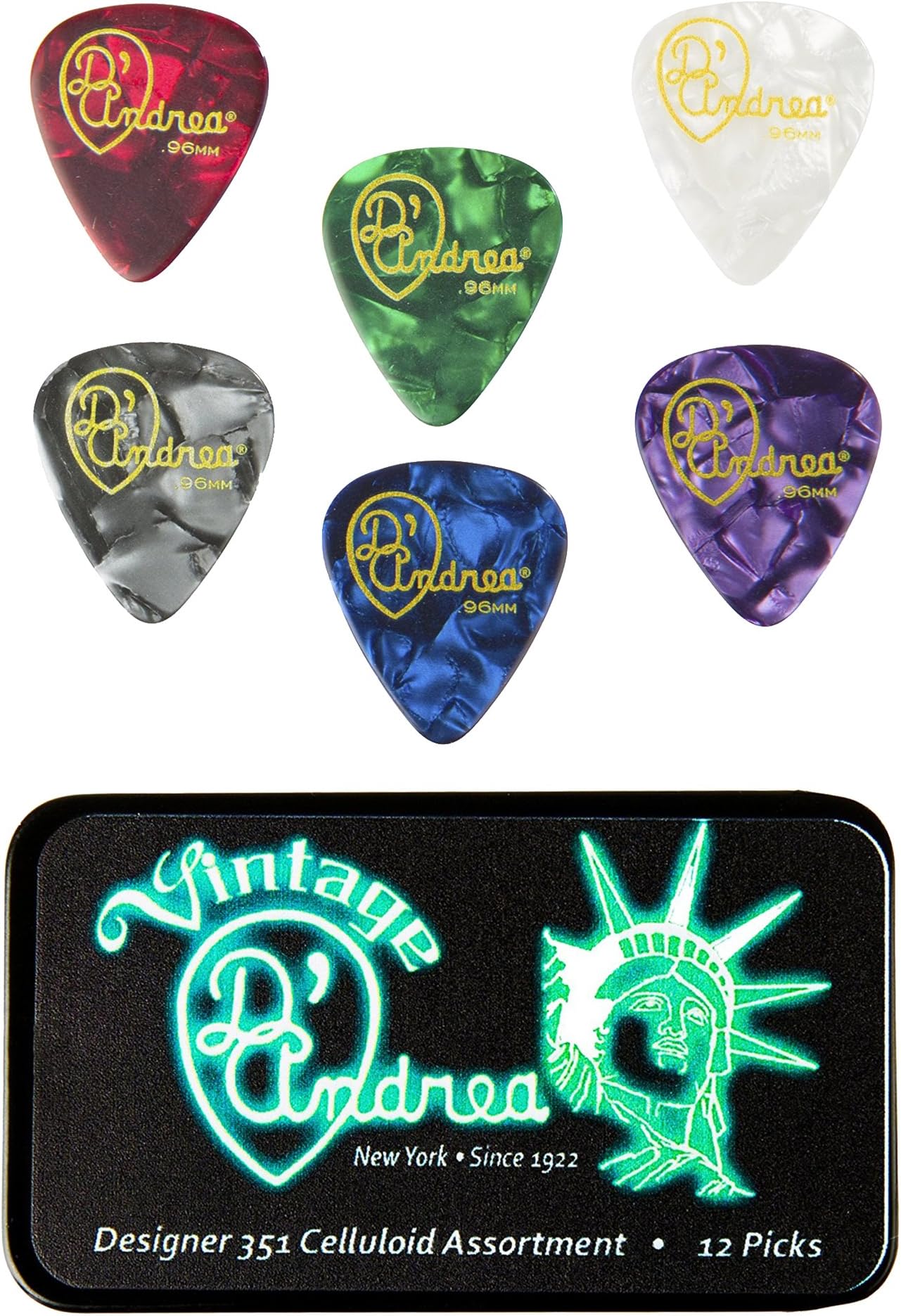 D'AndreaTNVDT Guitar Picks, 12-Piece, Collectible Tin, Designer Pearls Assortment, Thin
