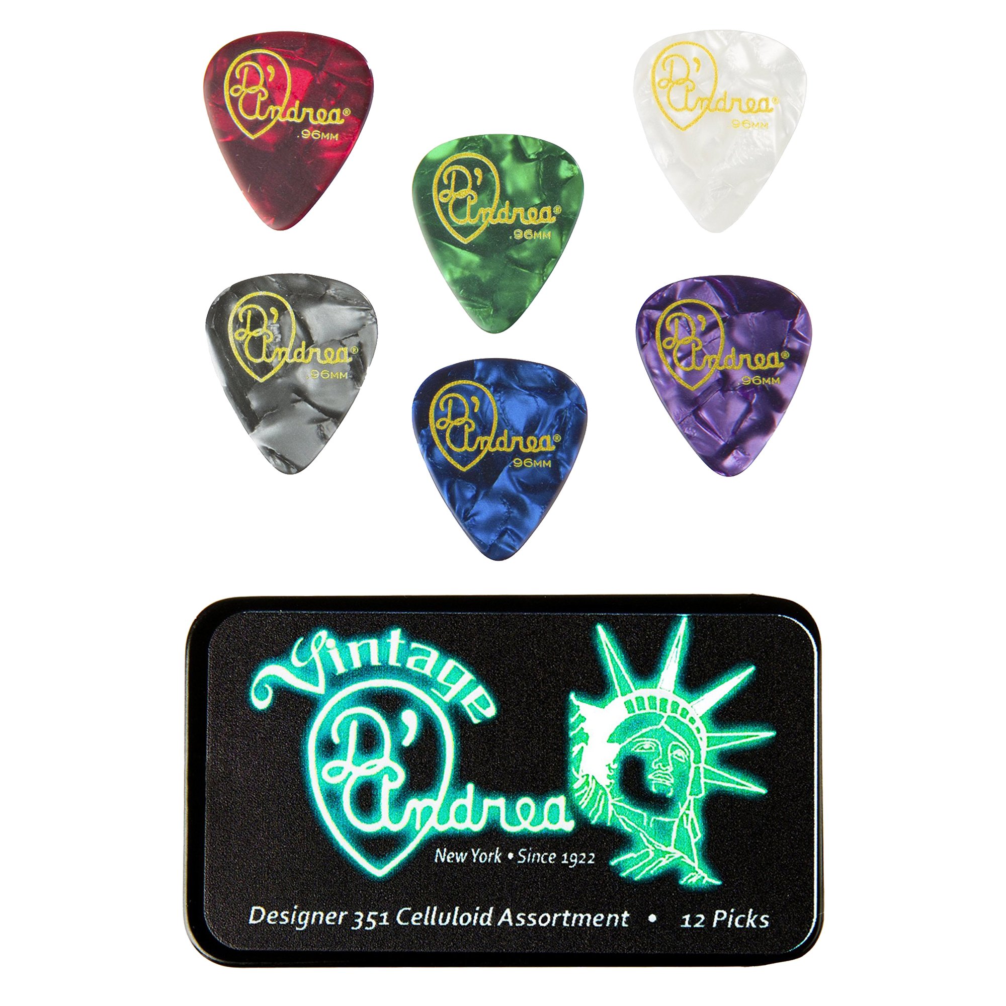 D'AndreaTNVDT Guitar Picks, 12-Piece, Collectible Tin, Designer Pearls Assortment, Thin