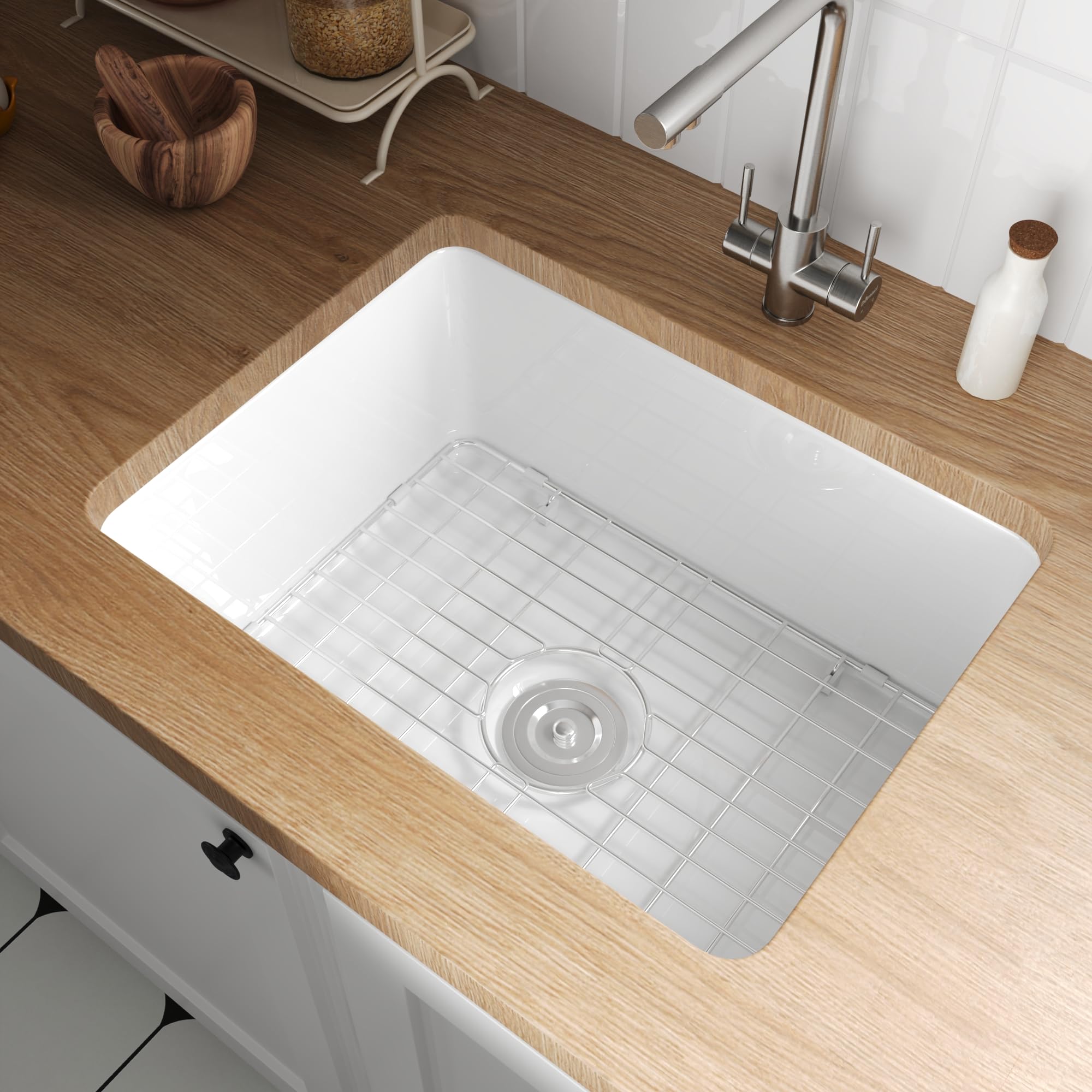 DeerValley Évier de Cuisine Blanc, Évier de Ferme en Argile Réfractaire 61 × 47 cm, Évier Encastrable,Lavabo 1 bac avec Spülbeckenrost, Korbsieb