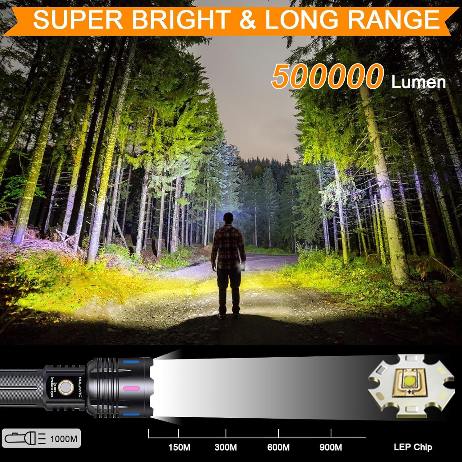 Nulmvic Torcia LED Potente Professionale: 500000 Lumen Torcia Led Ricaricabile USB - LEP Torcia Tattica Militare IP67 Torce LED Alta Potenza Ricaricabili Per Campeggio Trekking Emergenza