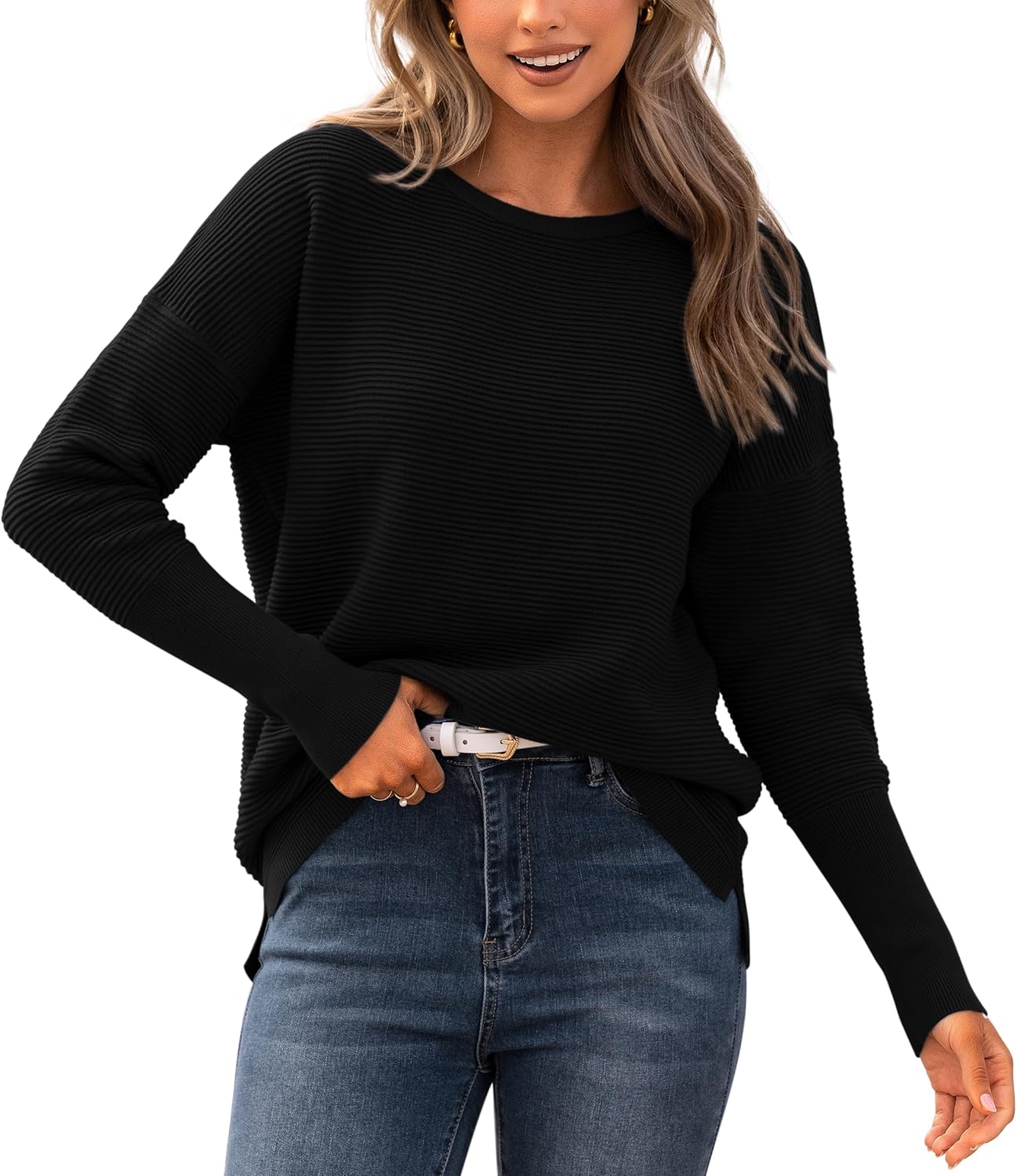 BTFBM Fall Sweaters for Women 2025 Casual Long Sleeve Sweater Striped Loose Fit Pullover Tops