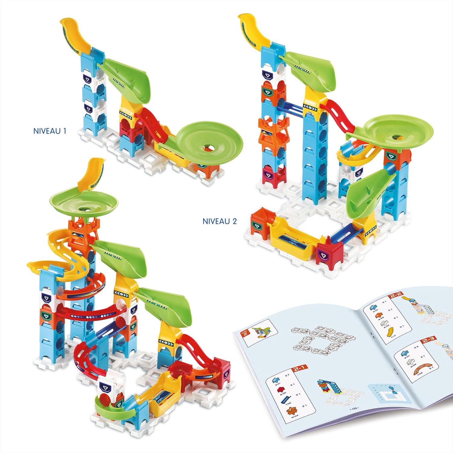 Diagrams showing two different assembly levels for the VTech MR - Beginner Set S200, along with an open instruction manual.