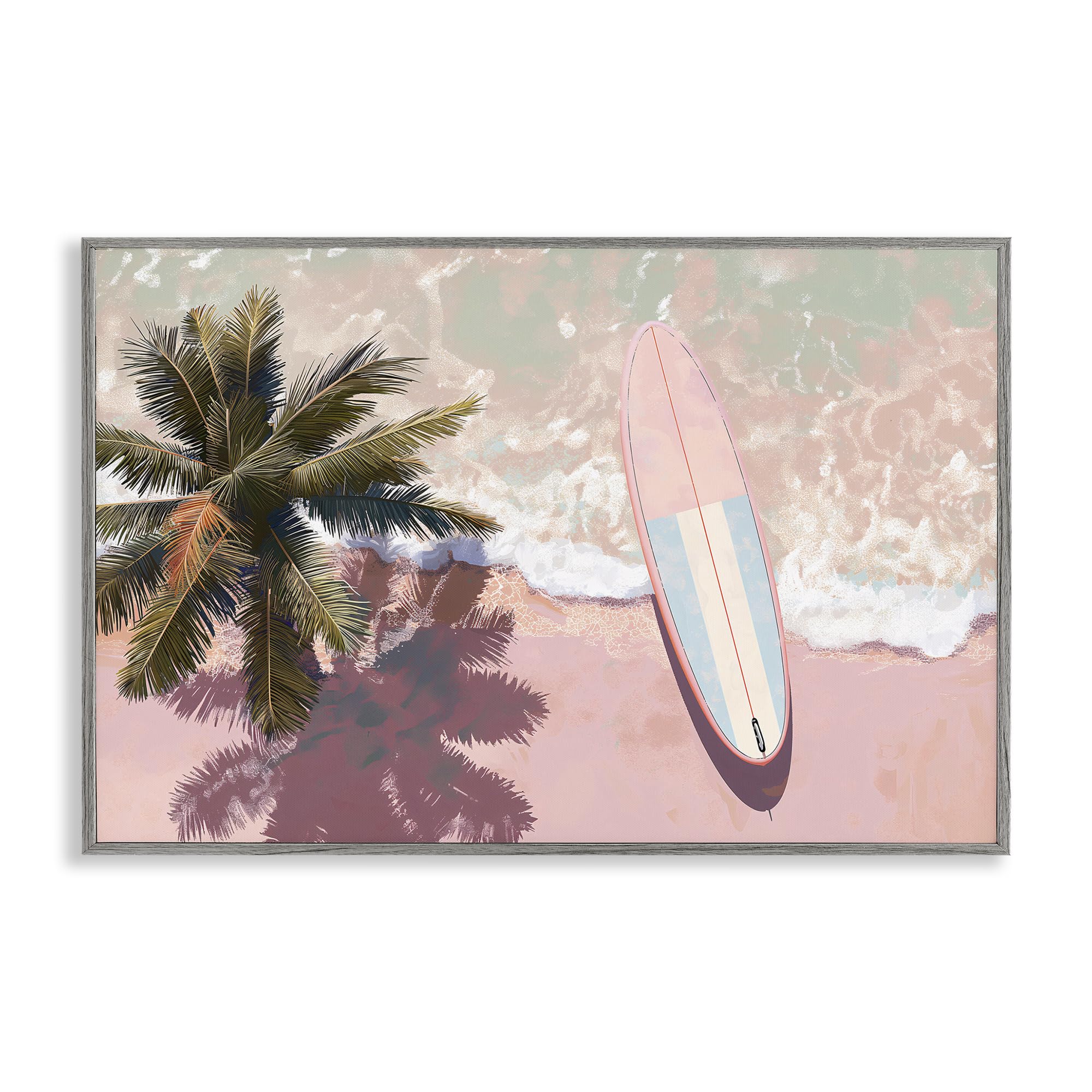 Stupell Industries Farmhouse Gray (Textured) 'Blush Pink Surfboard & Palm', Framed Giclee Art, Gray, 24 X 16 Inches, Easy To Hang And Sturdy, Made In Usa, By Jacky Ngan