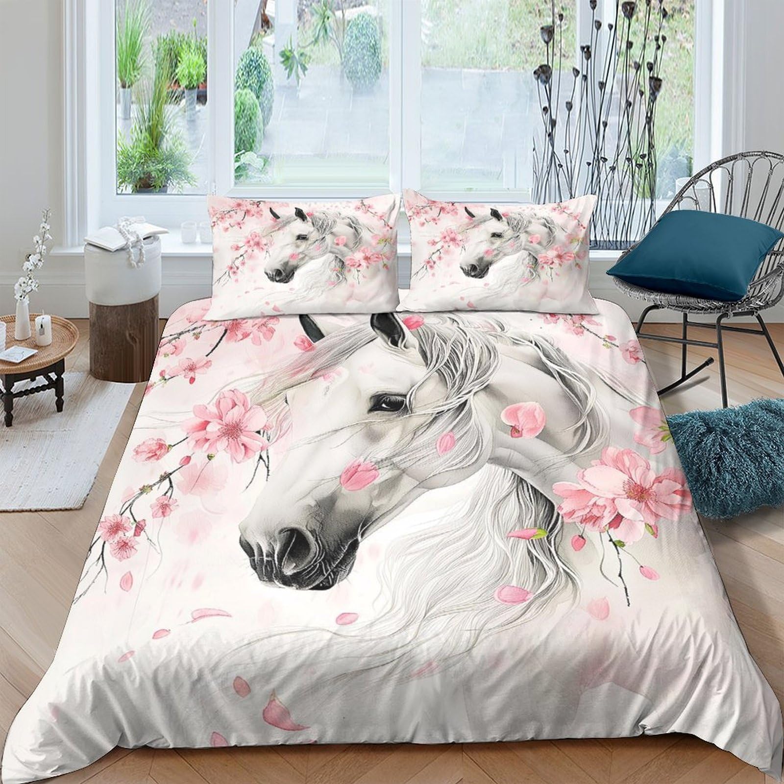 Ctjqhvkz Style-7 3D Printed White Horse Blossom Fitted Sheet Microfiber Soft Mattress Cover Bedroom Dorm Decor Anti-Slip Washable Single（135X200cm）