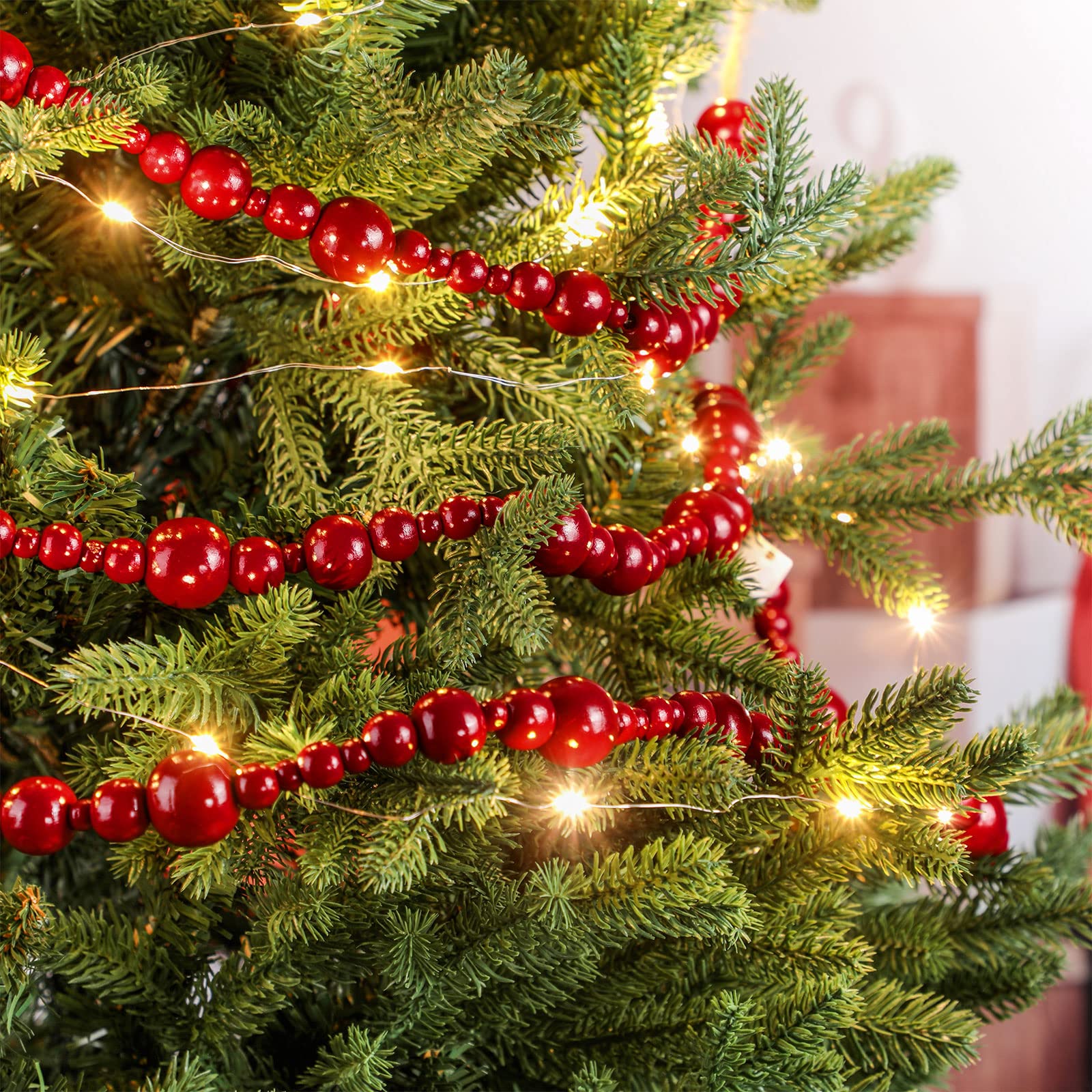 Lot de 2 guirlandes de perles de Noël en bois de 2,4 m - Guirlande de Noël rustique - Guirlande de perles décoratives bohème pour sapin de Noël - Décoration d'intérieur (rouge foncé)