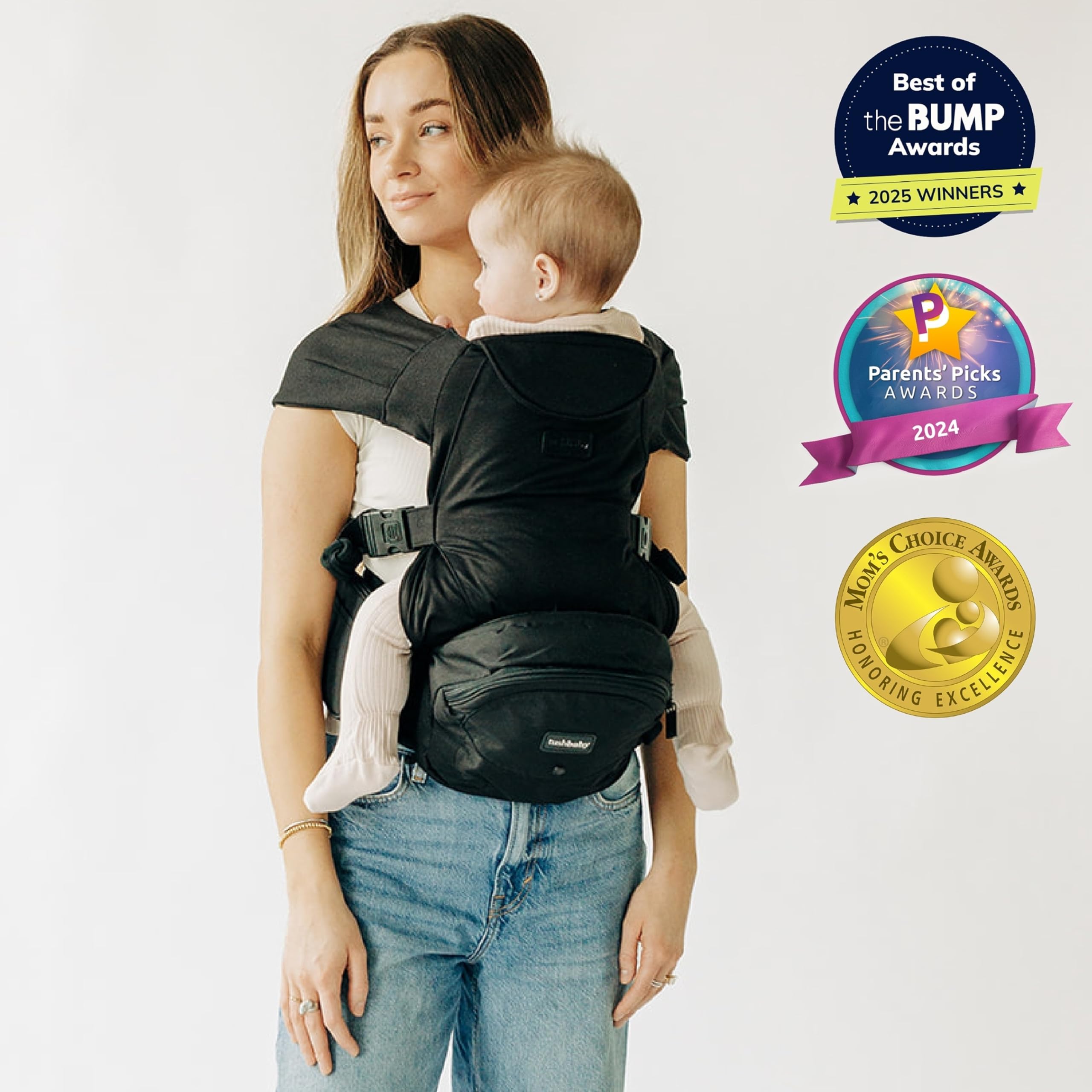 Tushbaby Hands Free Carrier Set | Hüftsitz Baby und Snug Trage | Kindertrage mit ergonomischem Baby Hüftsitz | Kindertrage Rucksack mit Stauraum | Für Kinder bis 20 kg | Schwarz