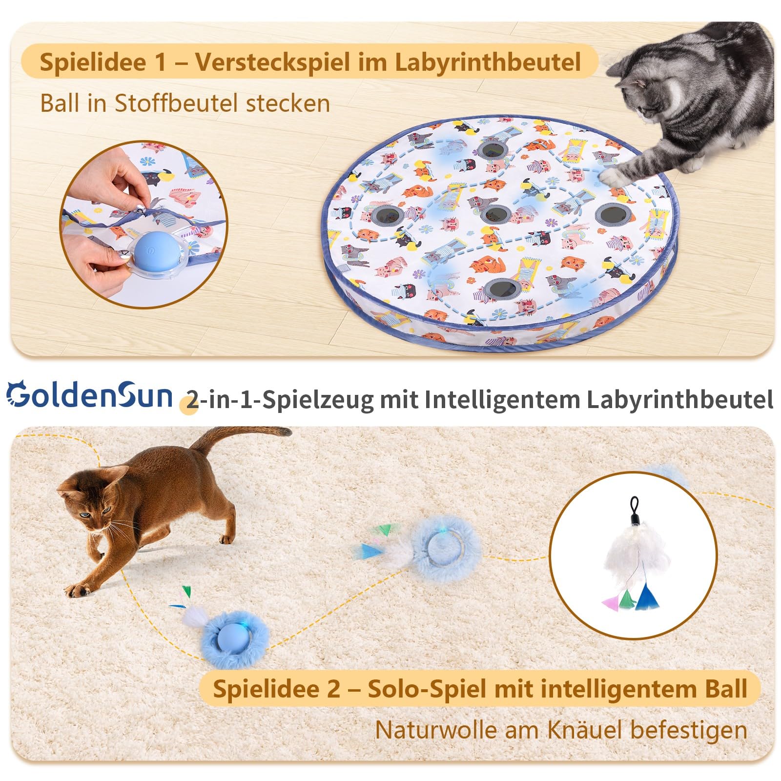 GoldenSun Juguete para Gatos, Bola Móvil Activada por el Movimiento, Color Azul, Juego de 5 Agujeros para Esconder Gatos en Interiores