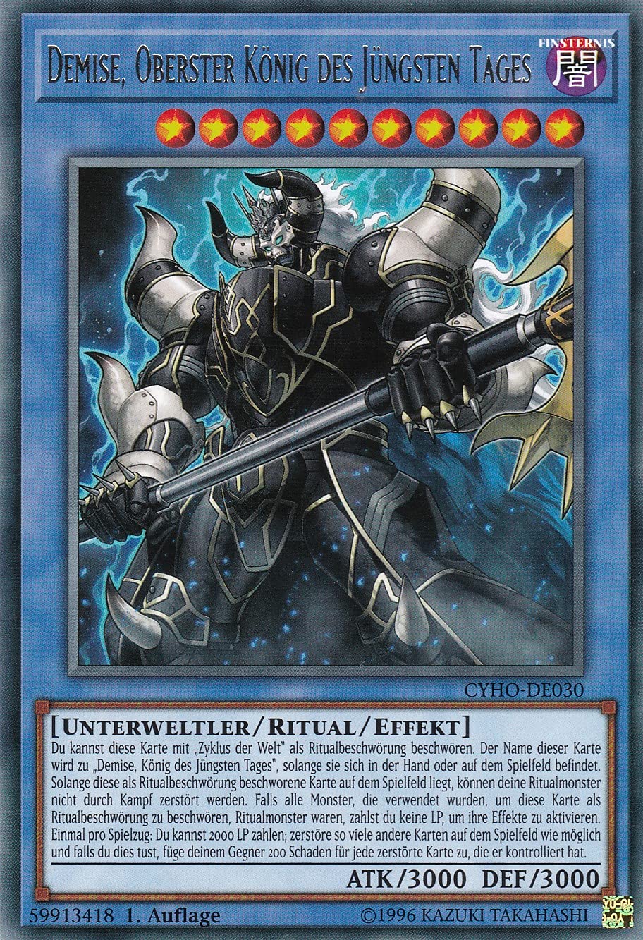 CYHO-DE030 - Demise, Oberster König des Jüngsten Tages - Rare - 1. Auflage - DEUTSCH - Cybernetic Horizon - mit LMS Trading Fieldcenter-Karte Yugioh