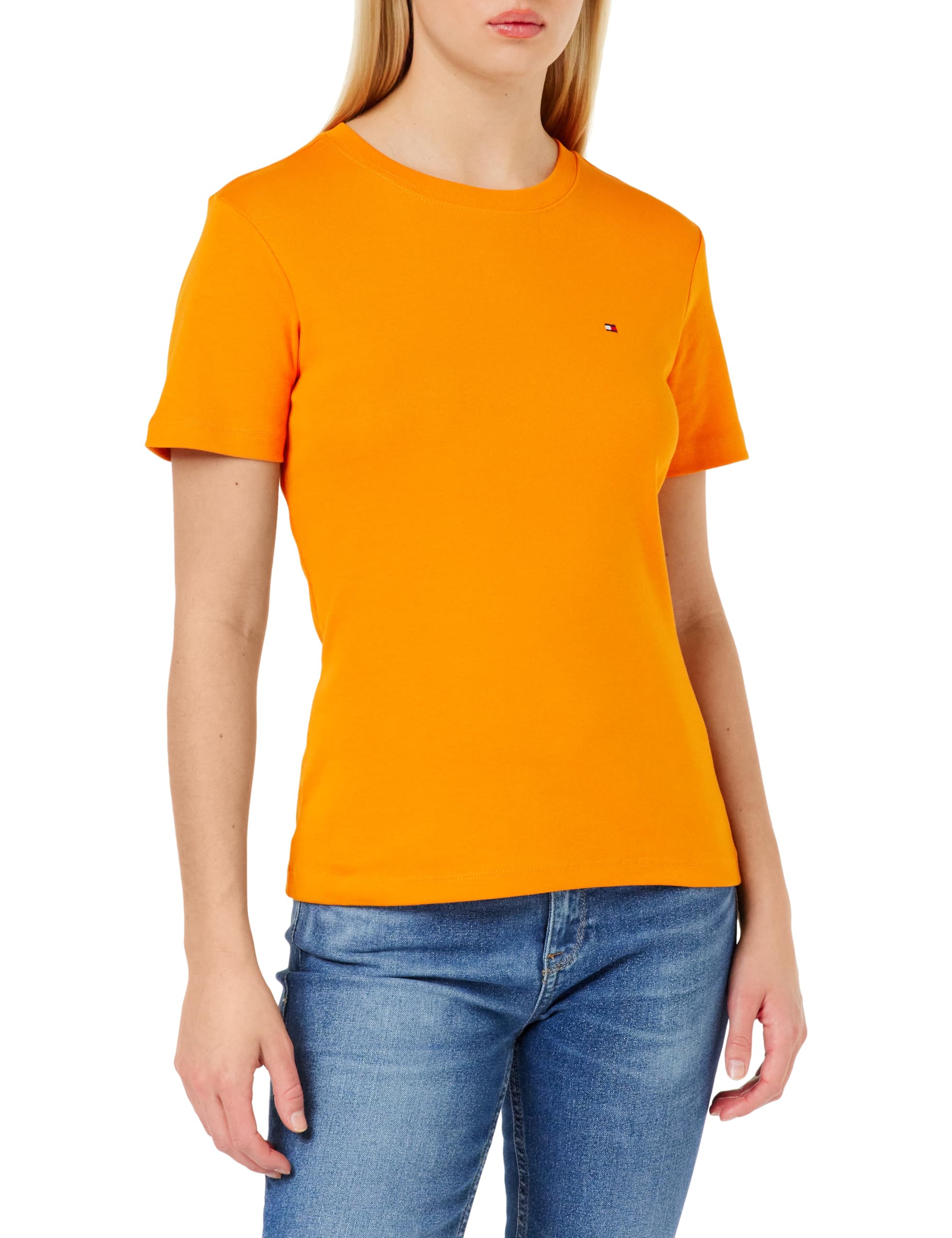 Tommy Hilfiger Women New Slim Cody C-Nk Ss S/S Knit Tops, Orange, M