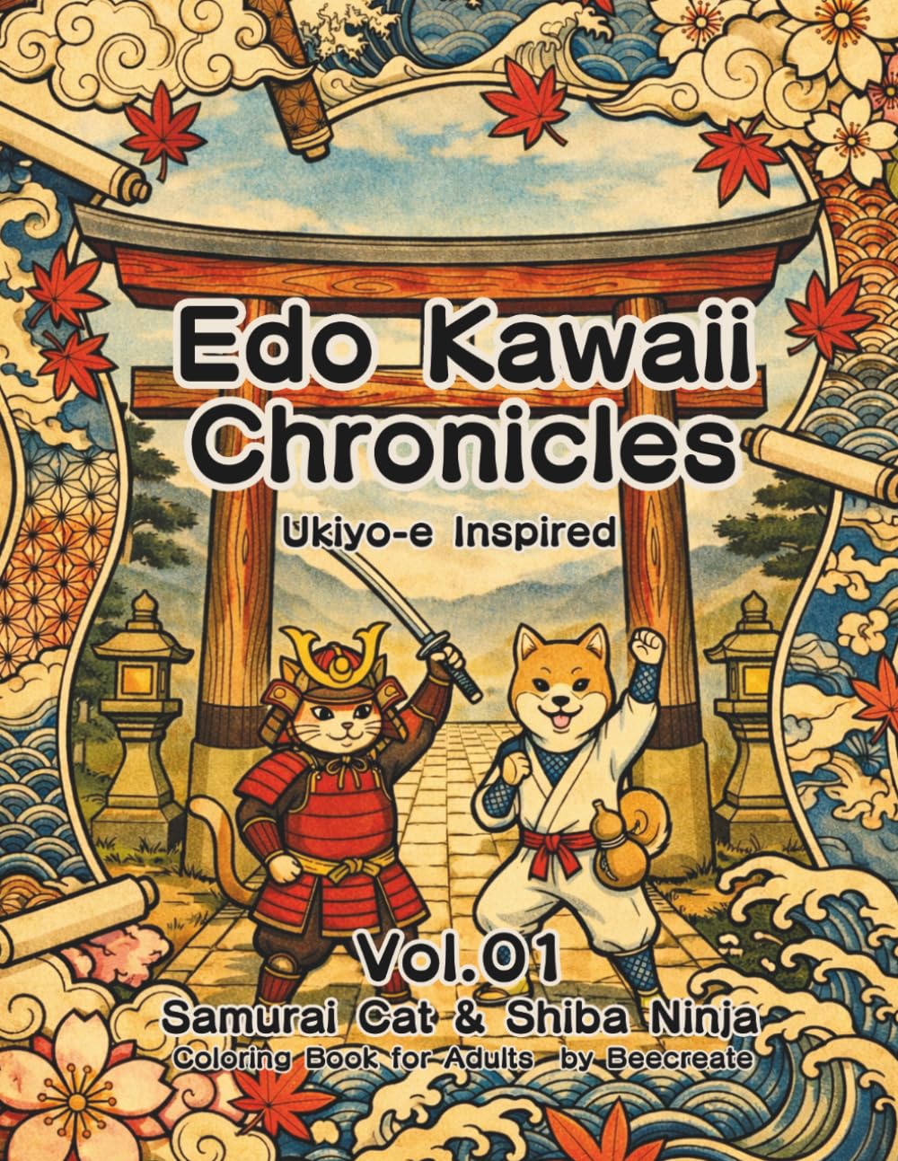 Edo Kawaii Chronicles: Samurai Cat & Shiba Ninja Coloring Book for Adults: Ukiyo-e Inspired