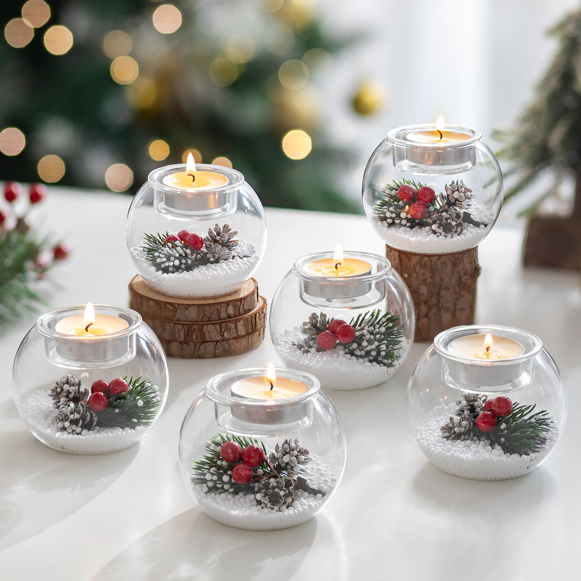 GlasseamChristmas Votive Candle Holders: Glass Tealight Candle Holder Set of 6 with Red Berry and Snow Pinecone Decorative Candle Holders for Table Centerpiece Party Christmas Decor Advent Gifts