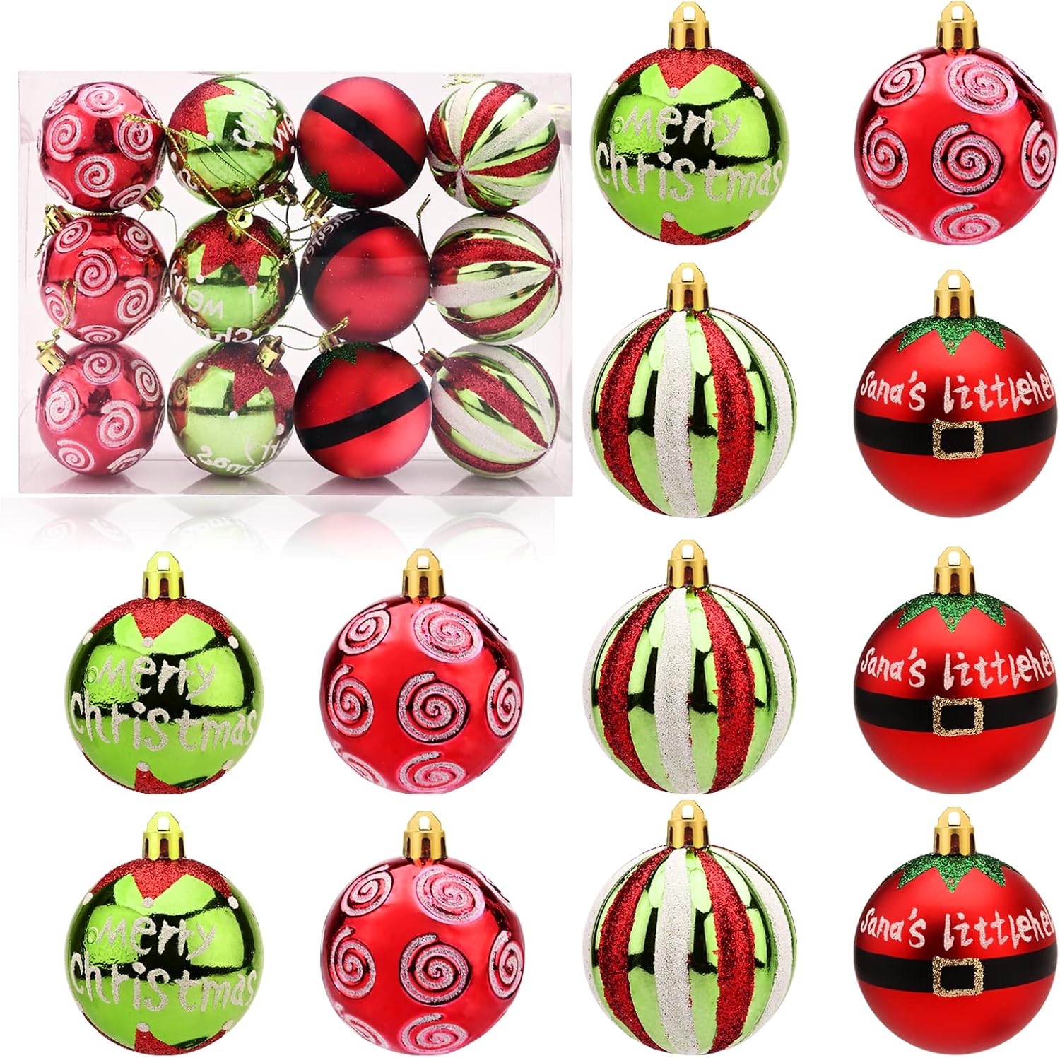 12 Pieces Christmas Balls 6 cm Christmas Baubles 4 Patterns Red Green