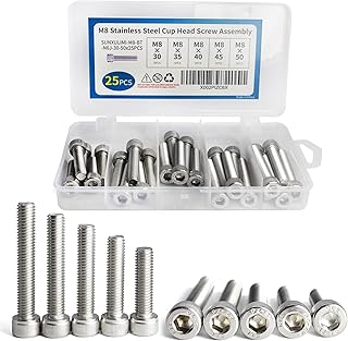 M8 x 30mm 35mm 40mm 45mm 50mm Hex Socket Head Cap Screws Bolts, 304 Stainless Steel, Bright Finish, Fully Threaded, Metric Allen Hex Drive, Assortment Kit 25PCS