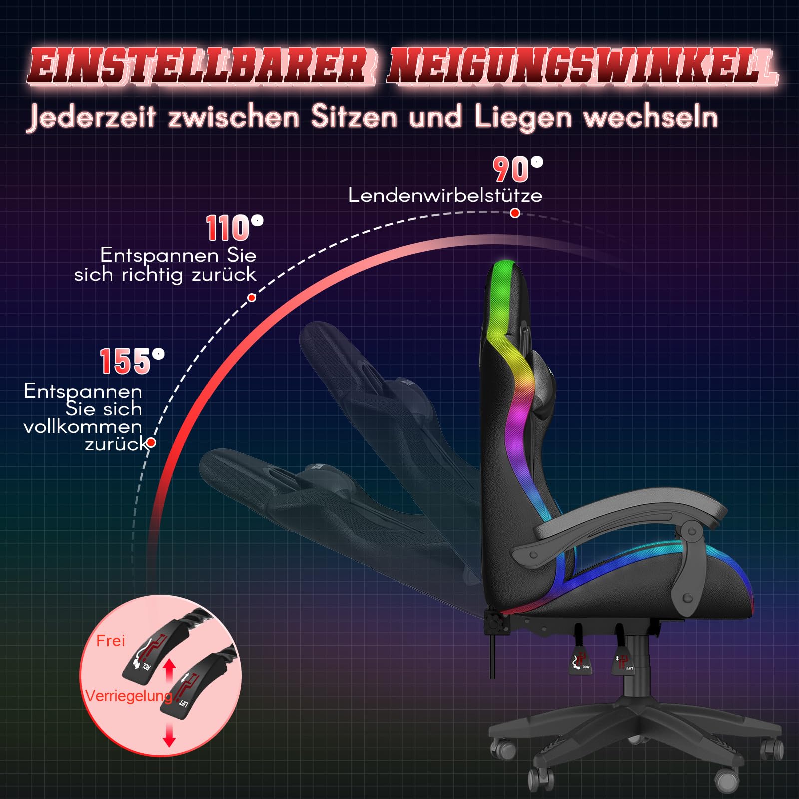 Racingreat Gaming-Stuhl LED mit Schillernde Lichtleiste, PC Gaming Stuhl mit Polsterung und Kopfstütze, Verstellbarer Höhe und Taillenwinkel, Gamer-Sessel Für Erwachsene, Mädchen, Jungen (Schwarz)