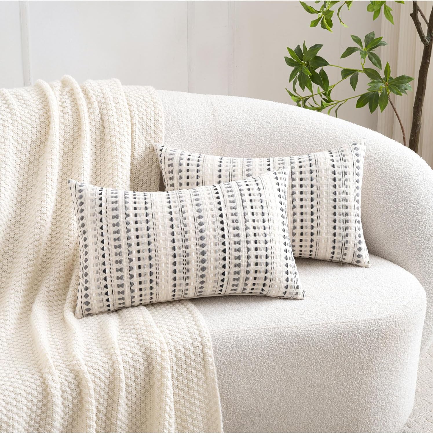 Zealax 12x20 Boho Throw Pillow Covers Lumbar Decorative Neutral Farmhouse Cushion Covers for Couch Bed Living Room, Cotton Textured Striped Pillowcases Set of 2, Grey