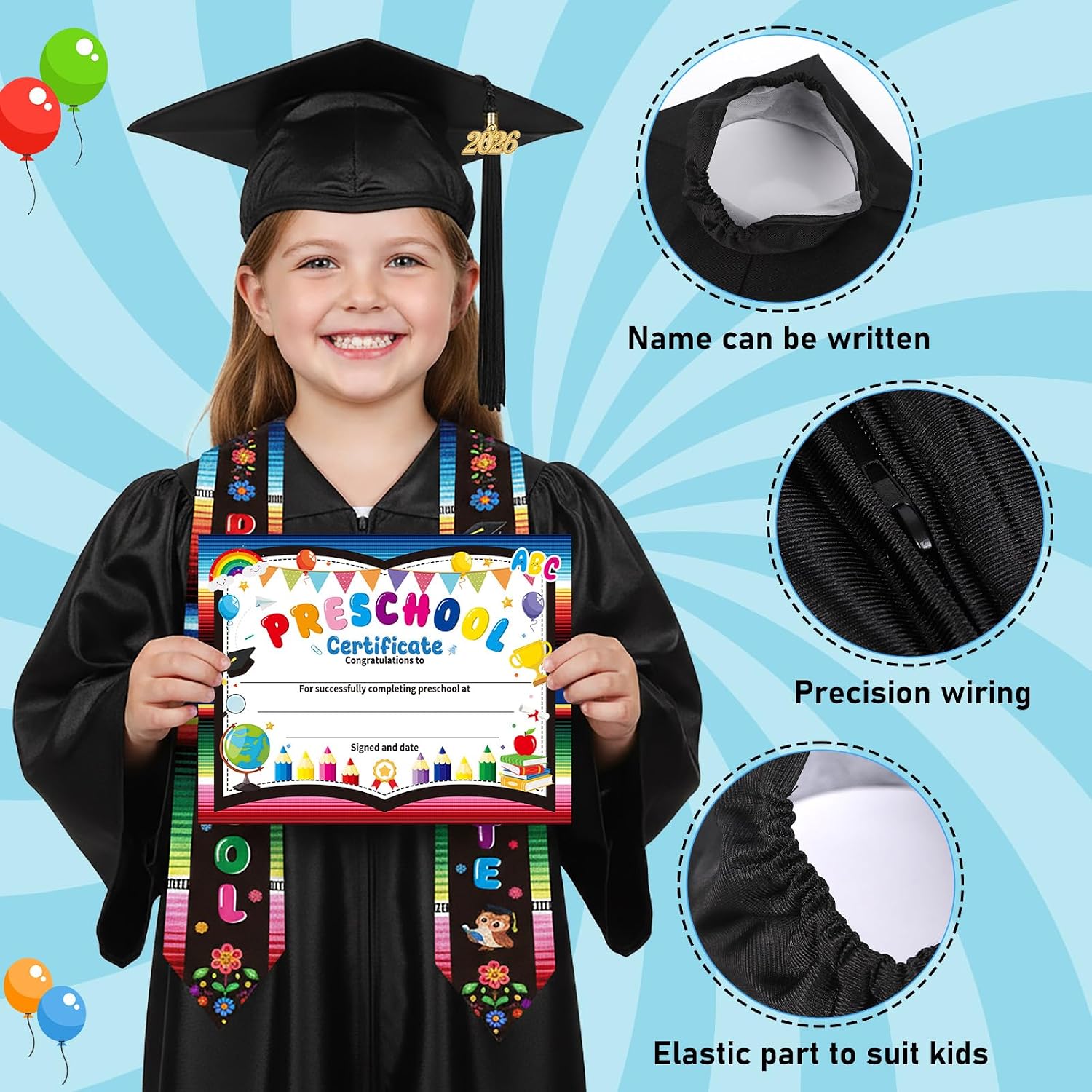Kindergarten Preschool Graduation Cap Gown Set with Stole Certificate 2026 2027 Charms Tassel, Graduation Gifts
